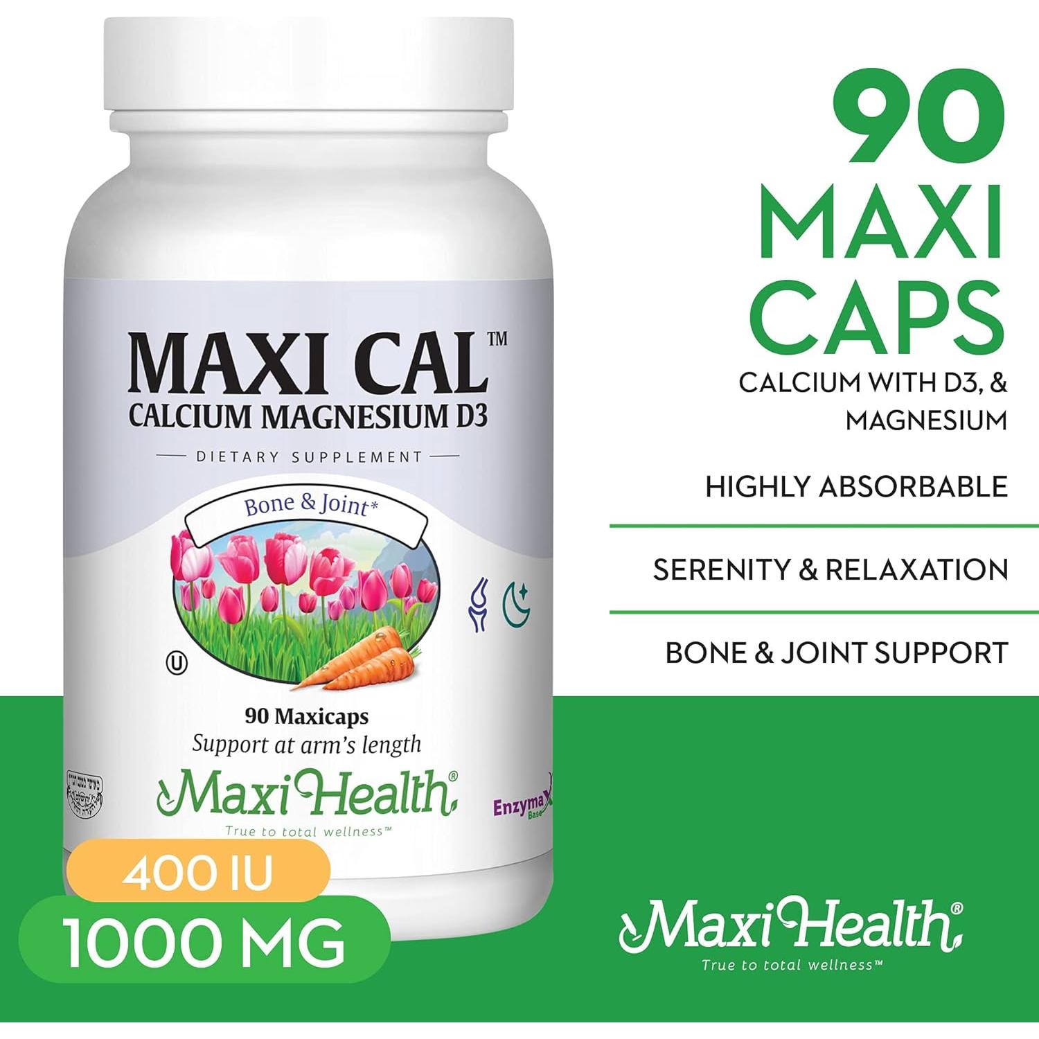 Suplemento de Calcio Maxi Health 1000 mg + D3 1000 UI + Magnesio 500 mg - 90 Cápsulas