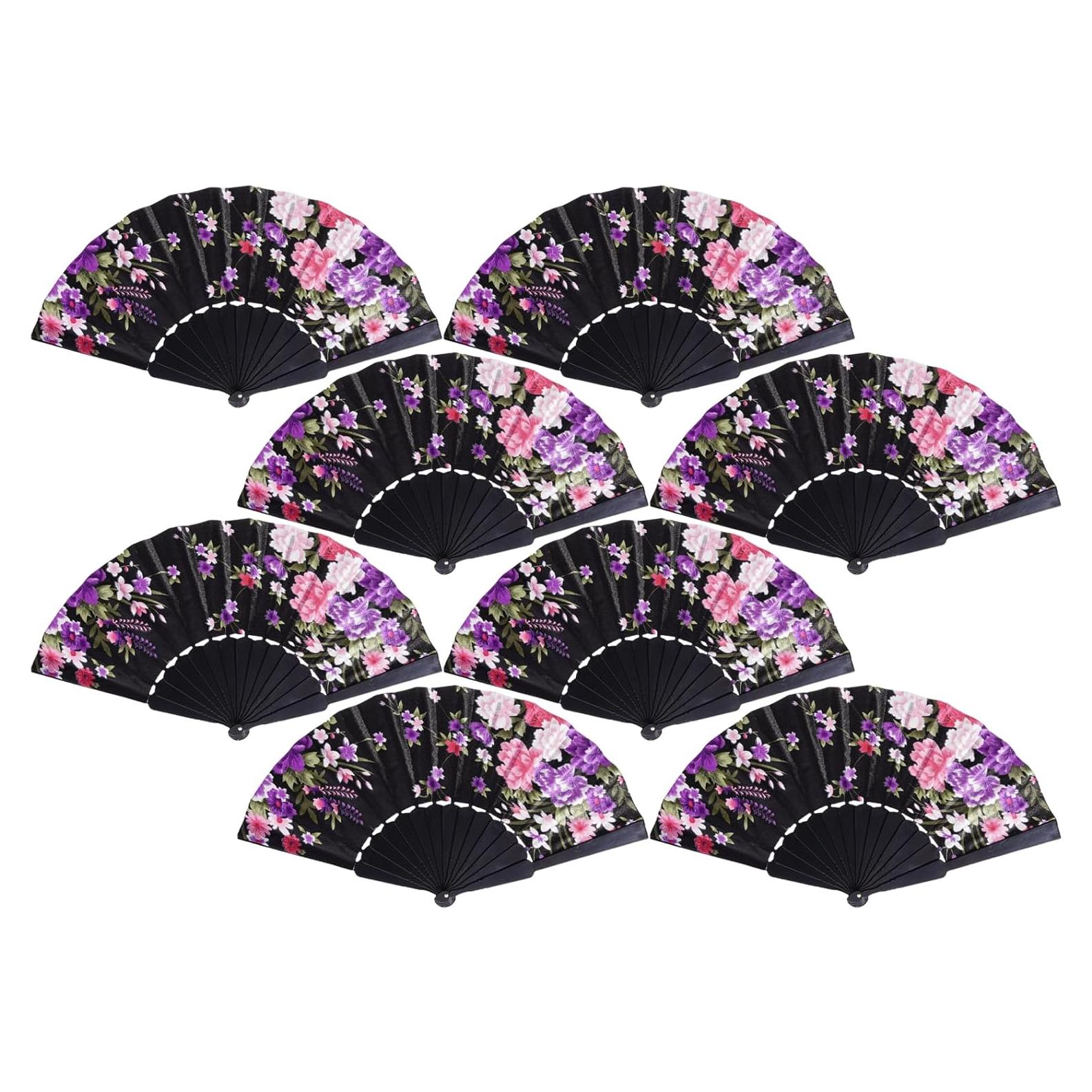Abanicos Plegables de Mano QIRMIZI 8 PCs Floral Negro