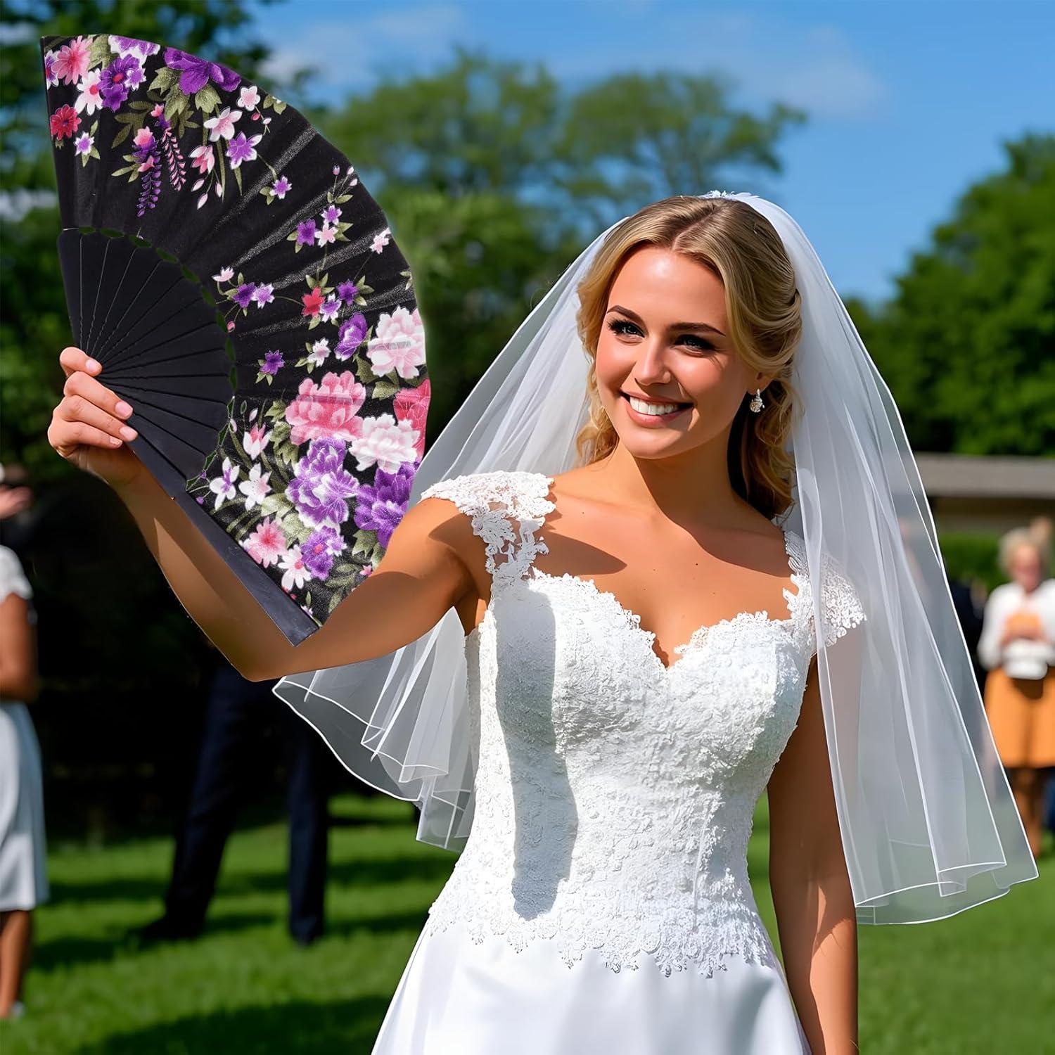 Abanicos Plegables de Mano QIRMIZI 8 PCs Floral Negro