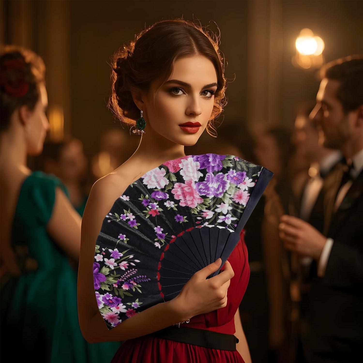 Abanicos Plegables de Mano QIRMIZI 8 PCs Floral Negro