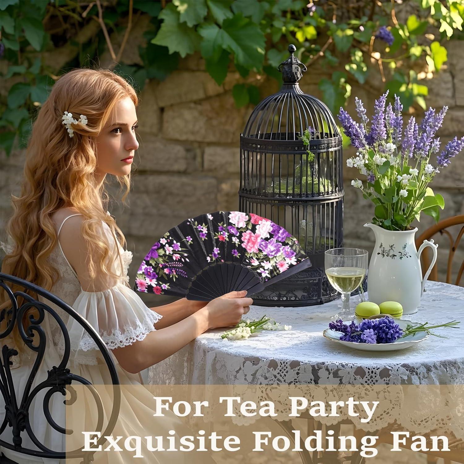 Abanicos Plegables de Mano QIRMIZI 8 PCs Floral Negro