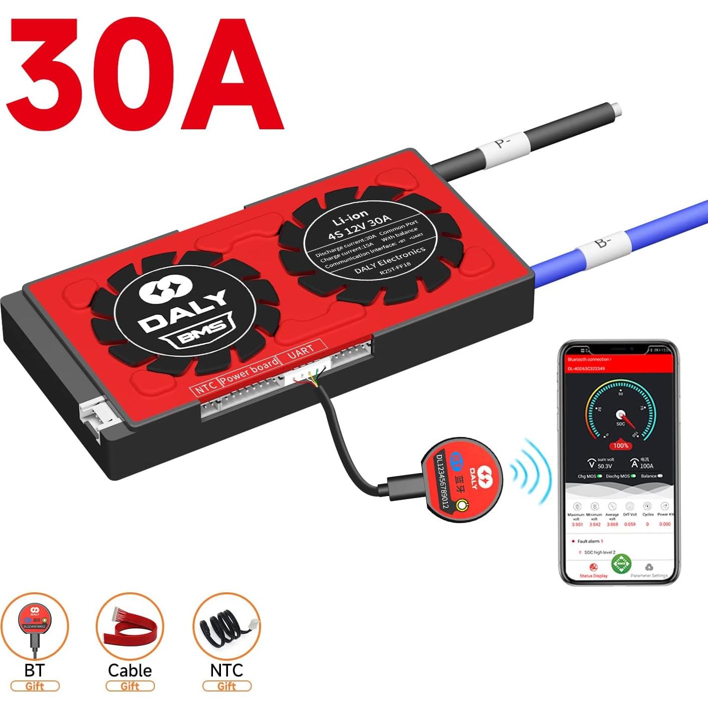 BMS Li-ion 12V 30A DALY 4S con Bluetooth y protección