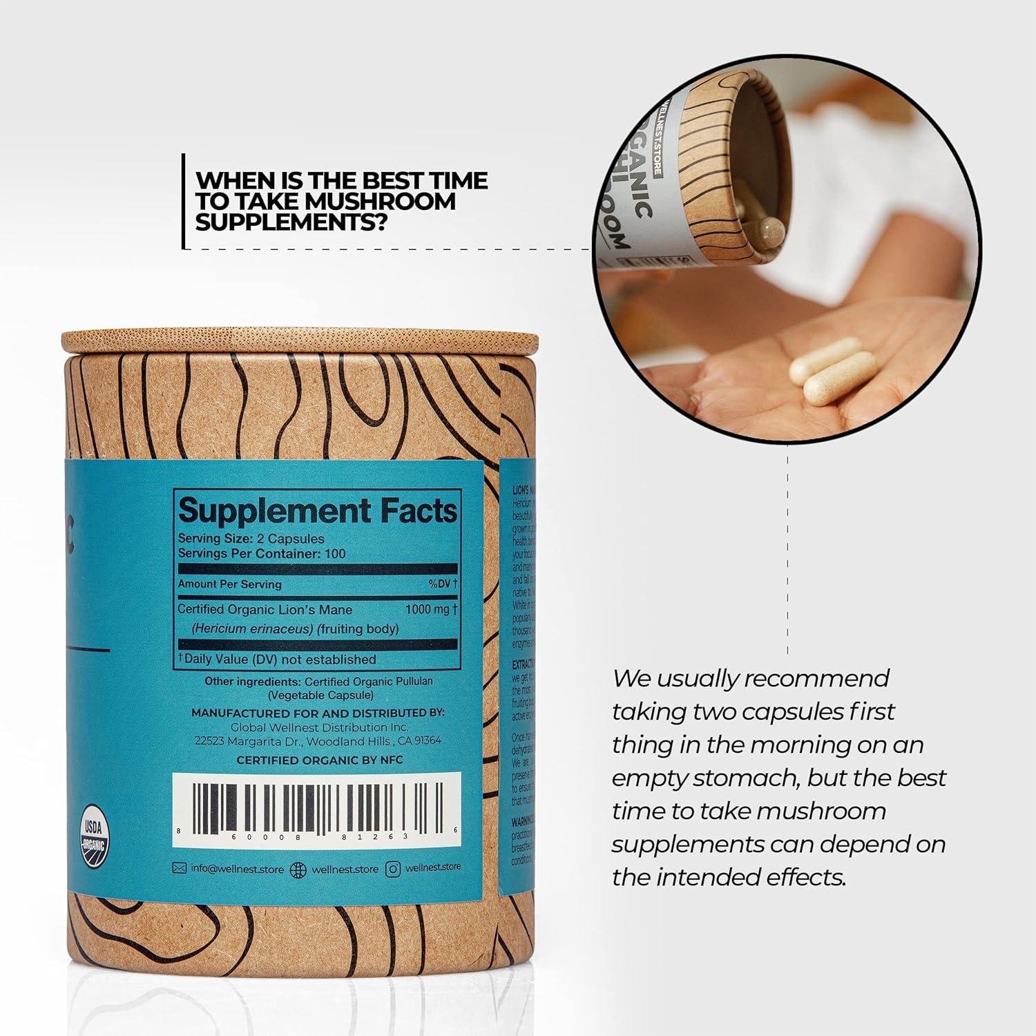 Suplemento Orgánico Hongo Melena de León 60 Cápsulas Vegetales