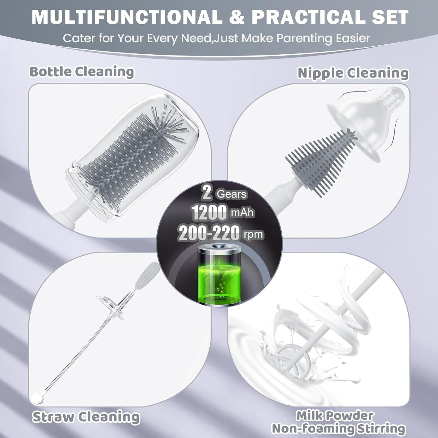 Juego de Cepillos Eléctricos para Biberones IvyWind Gris