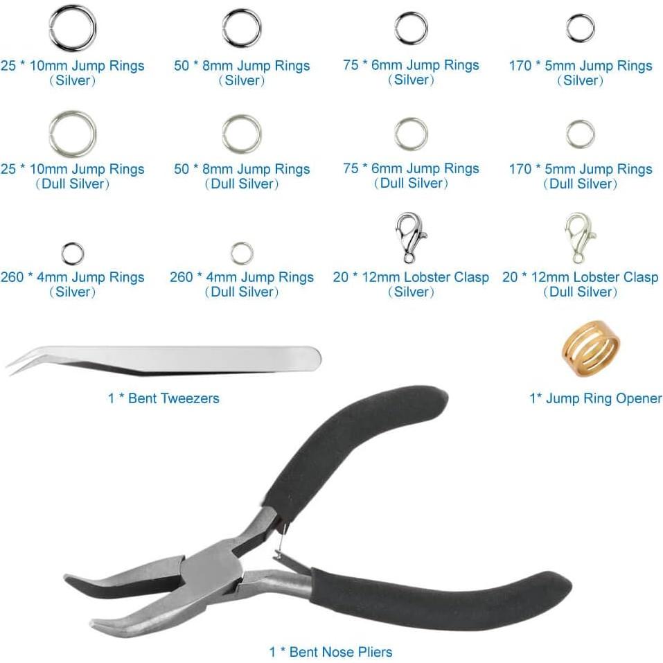 Anezus Kit de Anillas de Salto y Alicates 1200 Piezas Plata