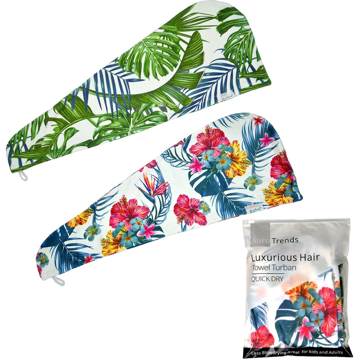 Toalla de Microfibra para Cabello AuroTrends 2Pack Floral y Palmas