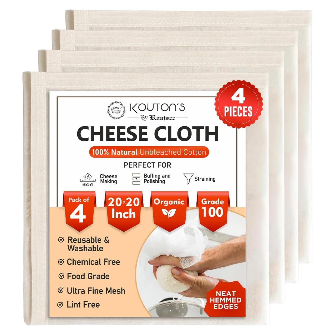 Tela de Queso Orgánica 100% Algodón Sin Blanquear 4 Pcs 20x20 cm