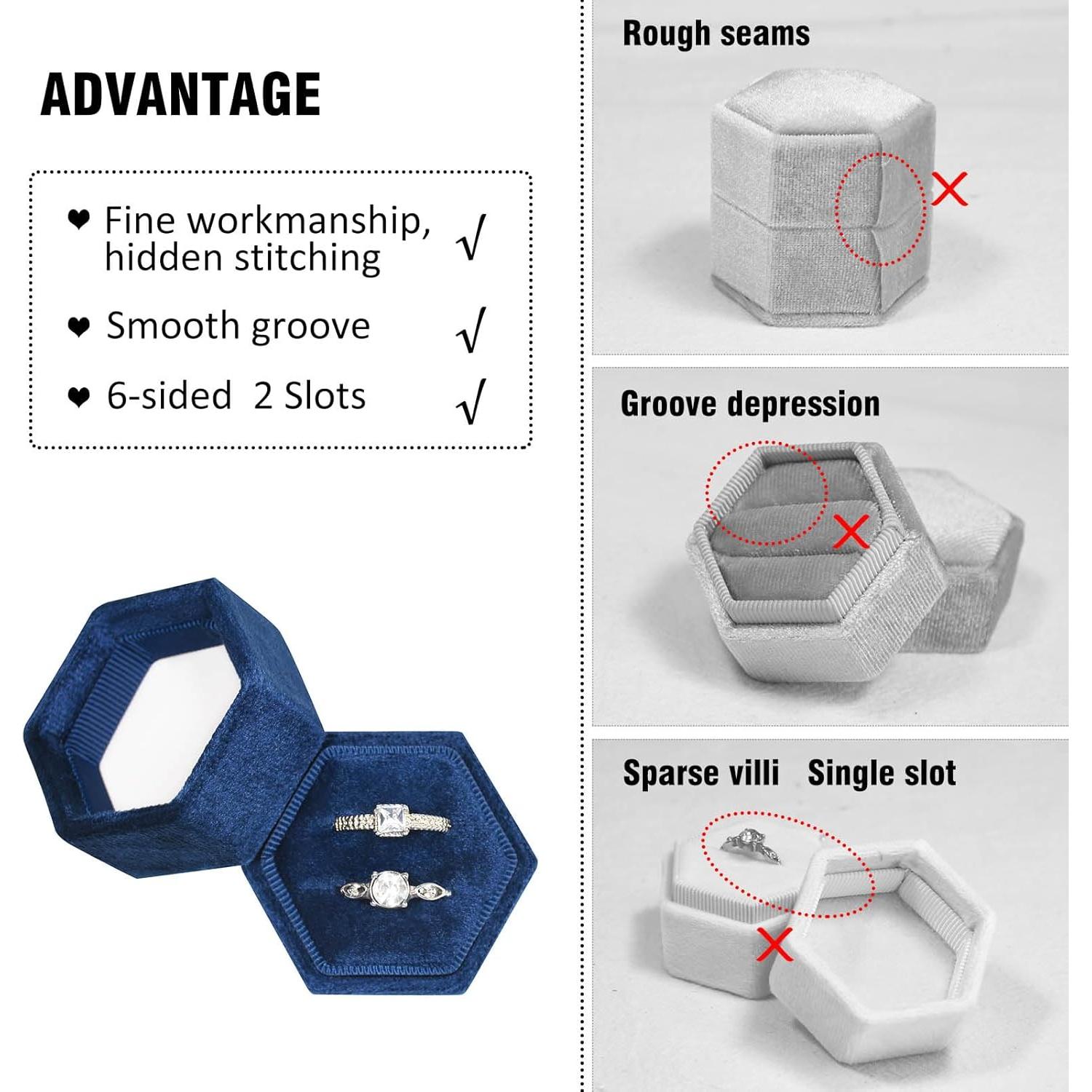 Caja de Anillo Vicoter Hexagonal Terciopelo 2 Ranuras Azul