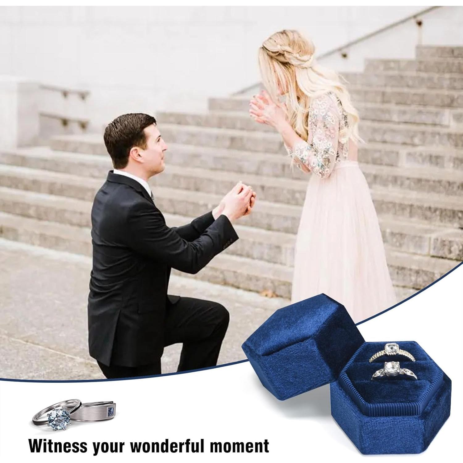 Caja de Anillo Vicoter Hexagonal Terciopelo 2 Ranuras Azul