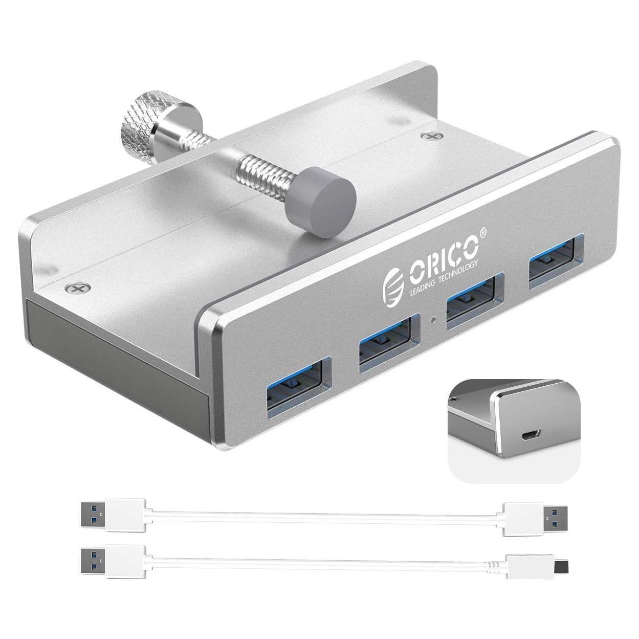 Hub USB 3.0 ORICO de 4 Puertos con Abrazadera Plata
