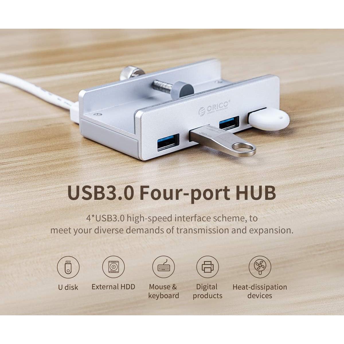 Hub USB 3.0 ORICO de 4 Puertos con Abrazadera Plata