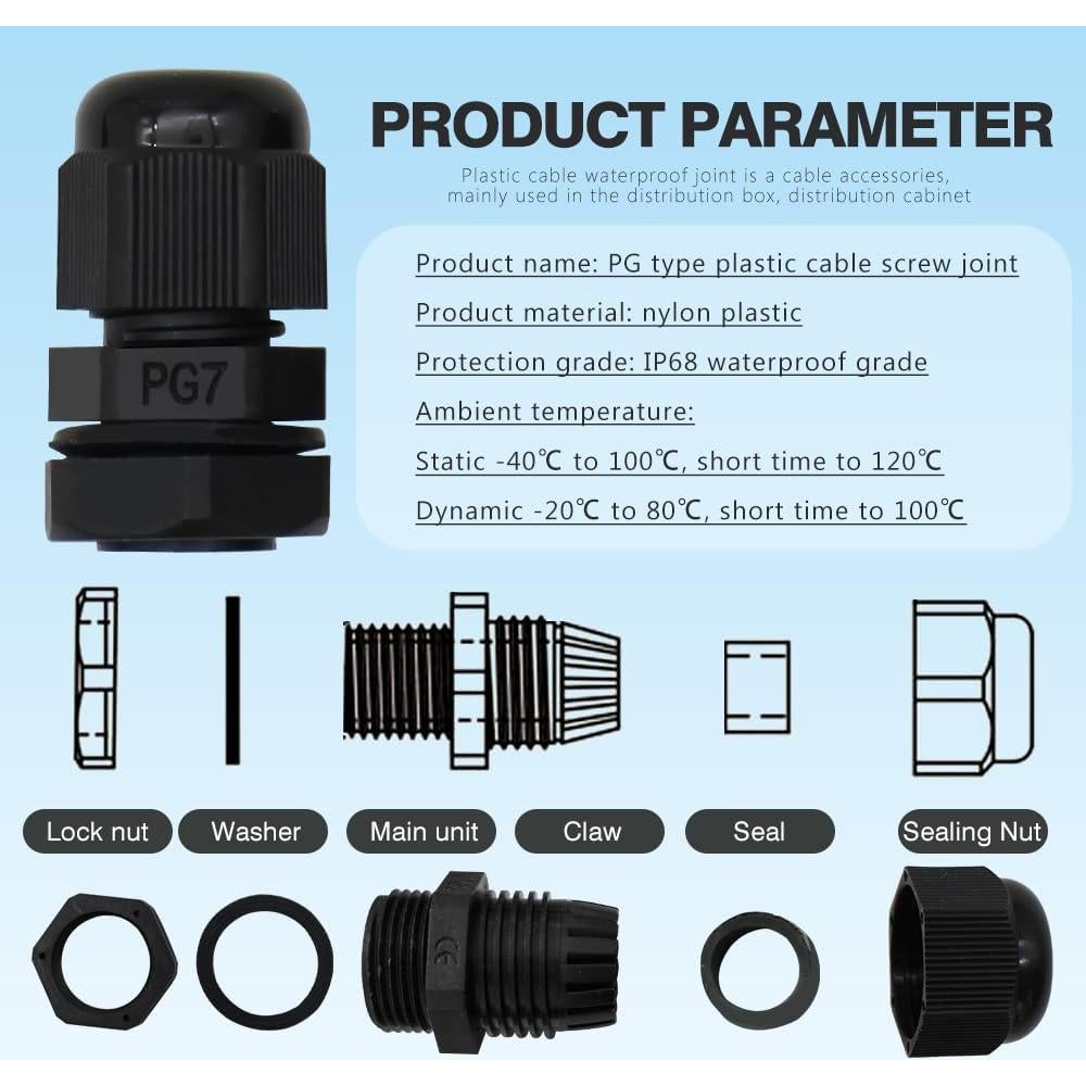 Gland de Cable PG7 MAKERELE 20pcs Nylon Impermeable IP68