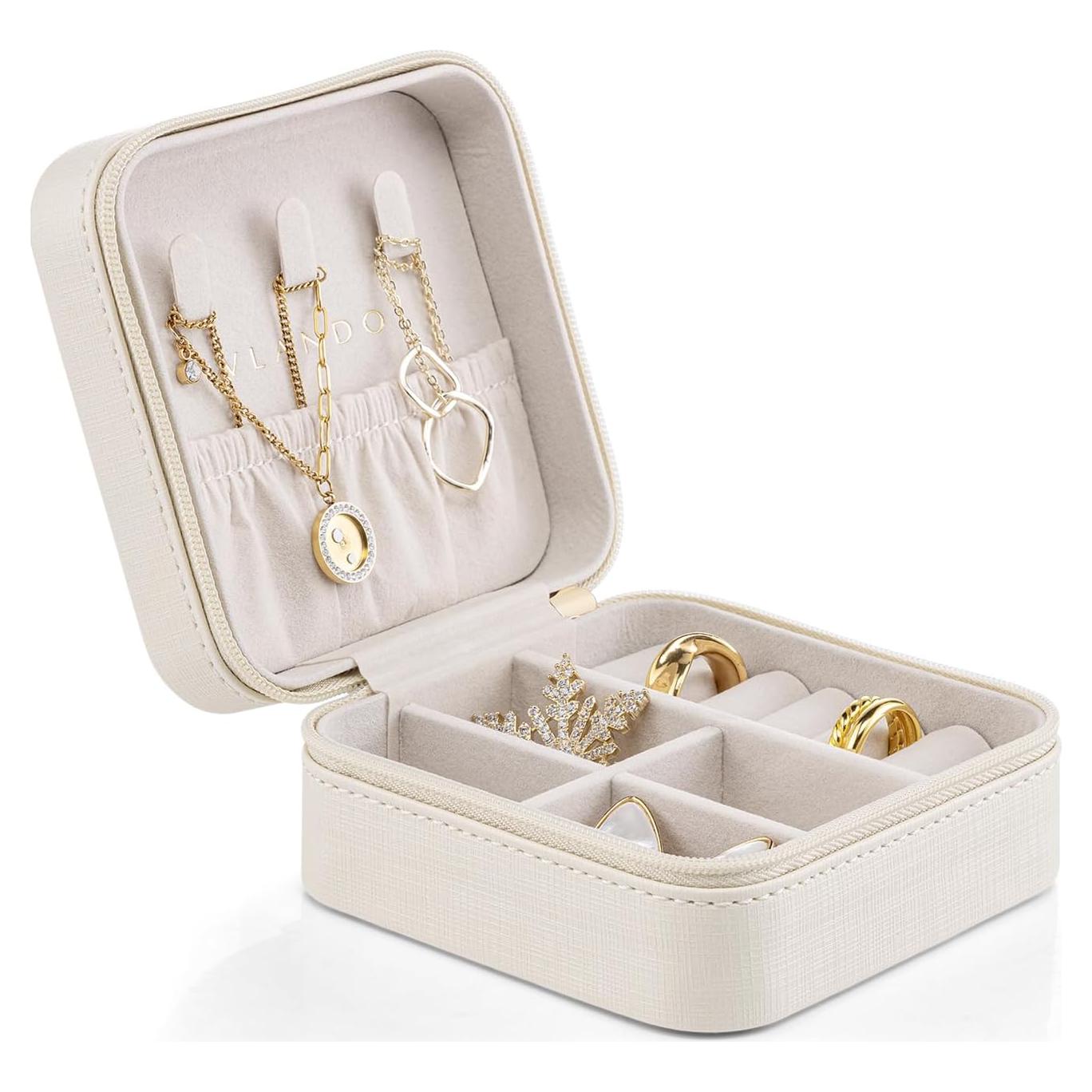 Caja de Joyería de Viaje Vlando Beige 11cm para Anillos y Collares