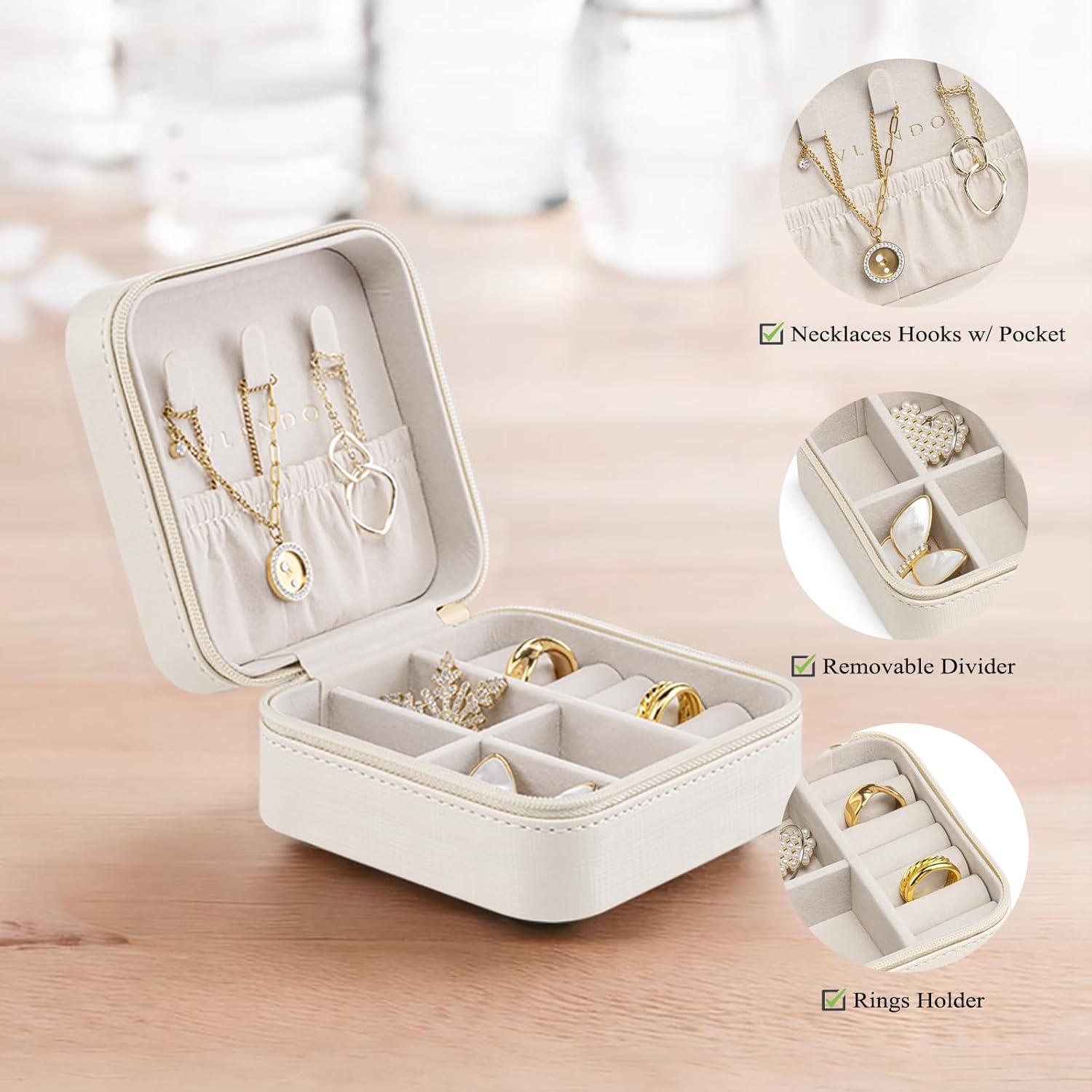 Caja de Joyería de Viaje Vlando Beige 11cm para Anillos y Collares