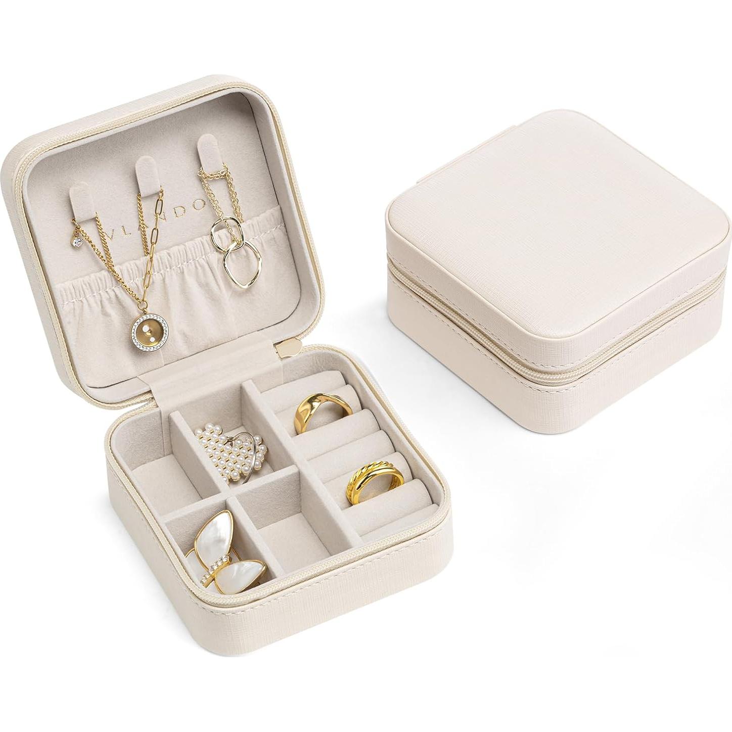 Caja de Joyería de Viaje Vlando Beige 11cm para Anillos y Collares