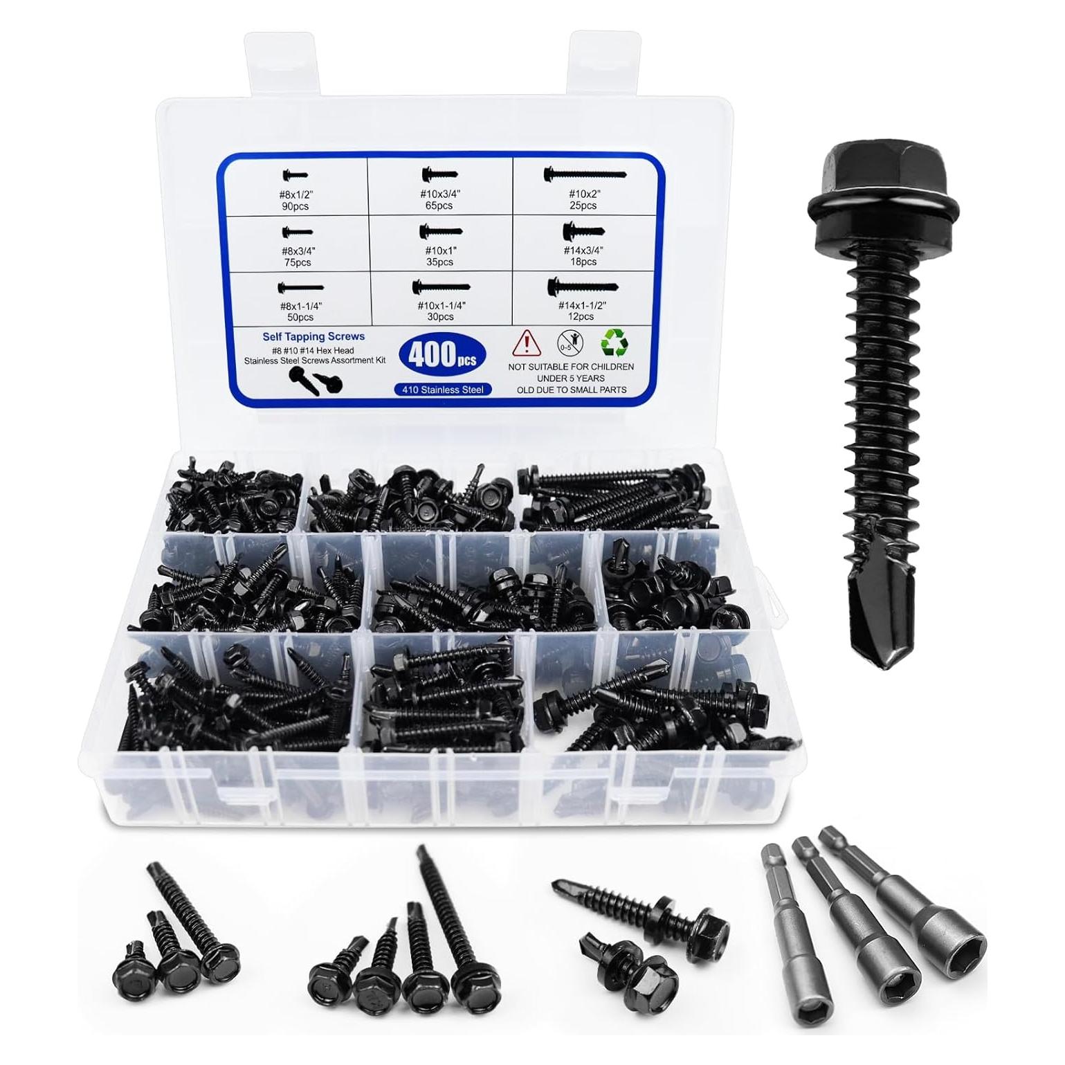 400 Tornillos Autoperforantes Negros Acero Inoxidable 410