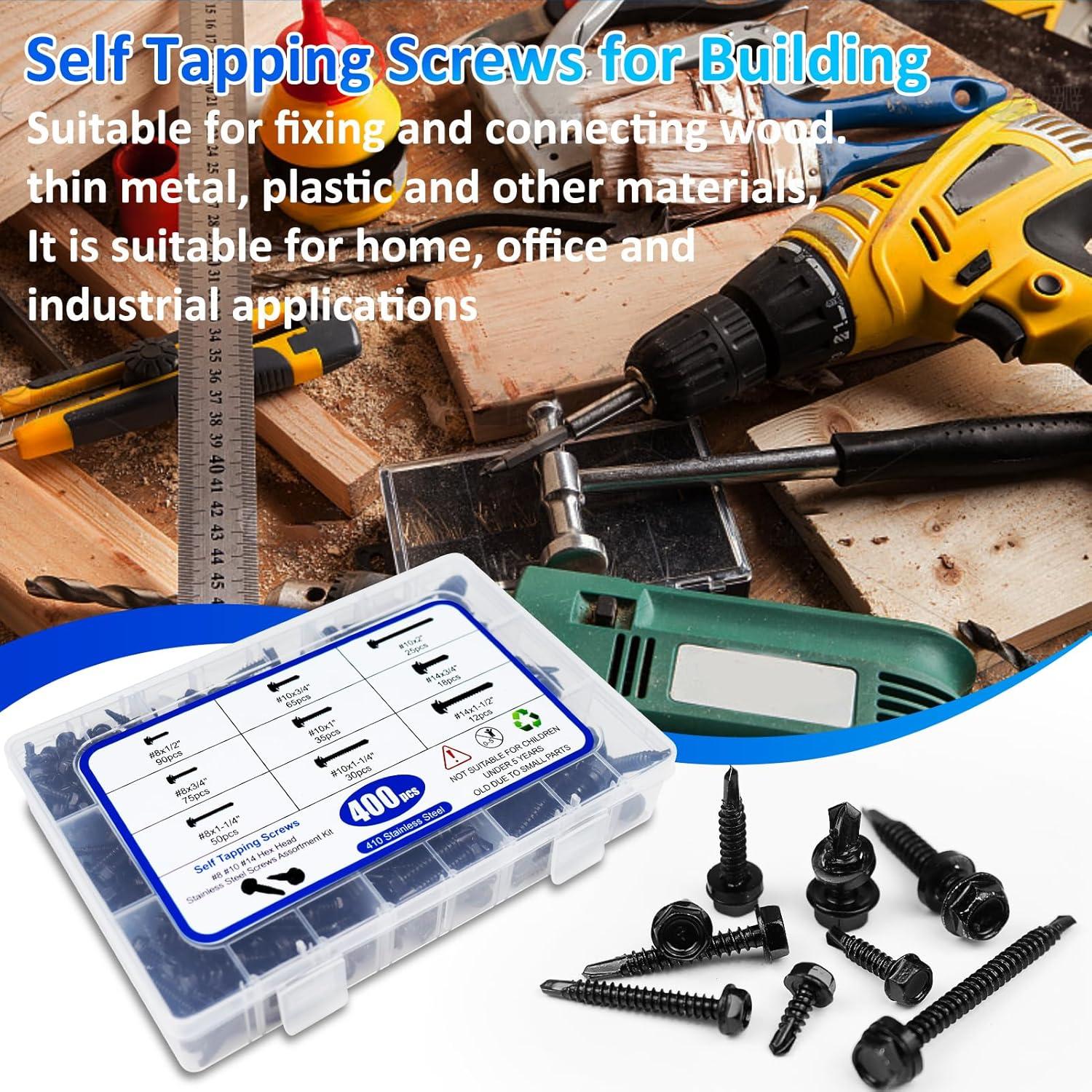 400 Tornillos Autoperforantes Negros Acero Inoxidable 410