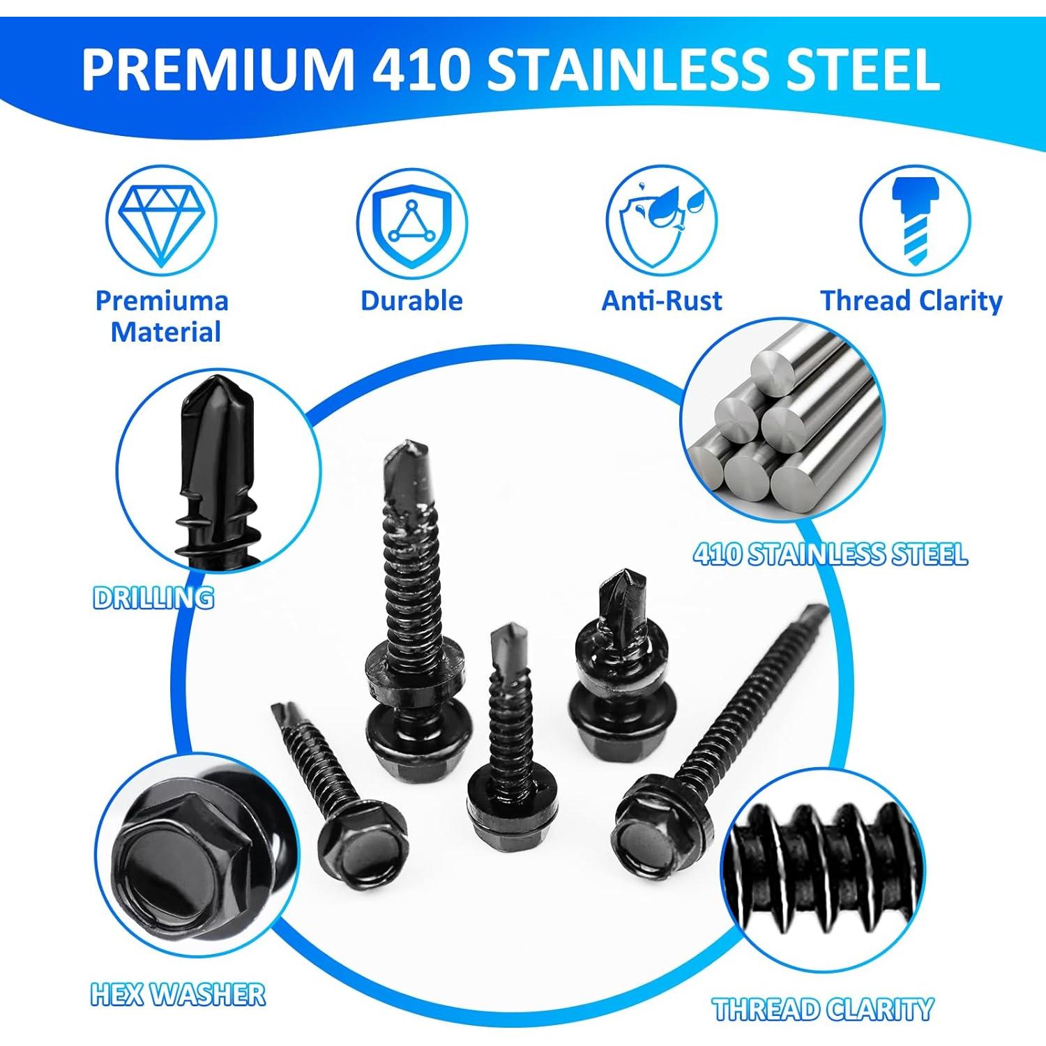 400 Tornillos Autoperforantes Negros Acero Inoxidable 410