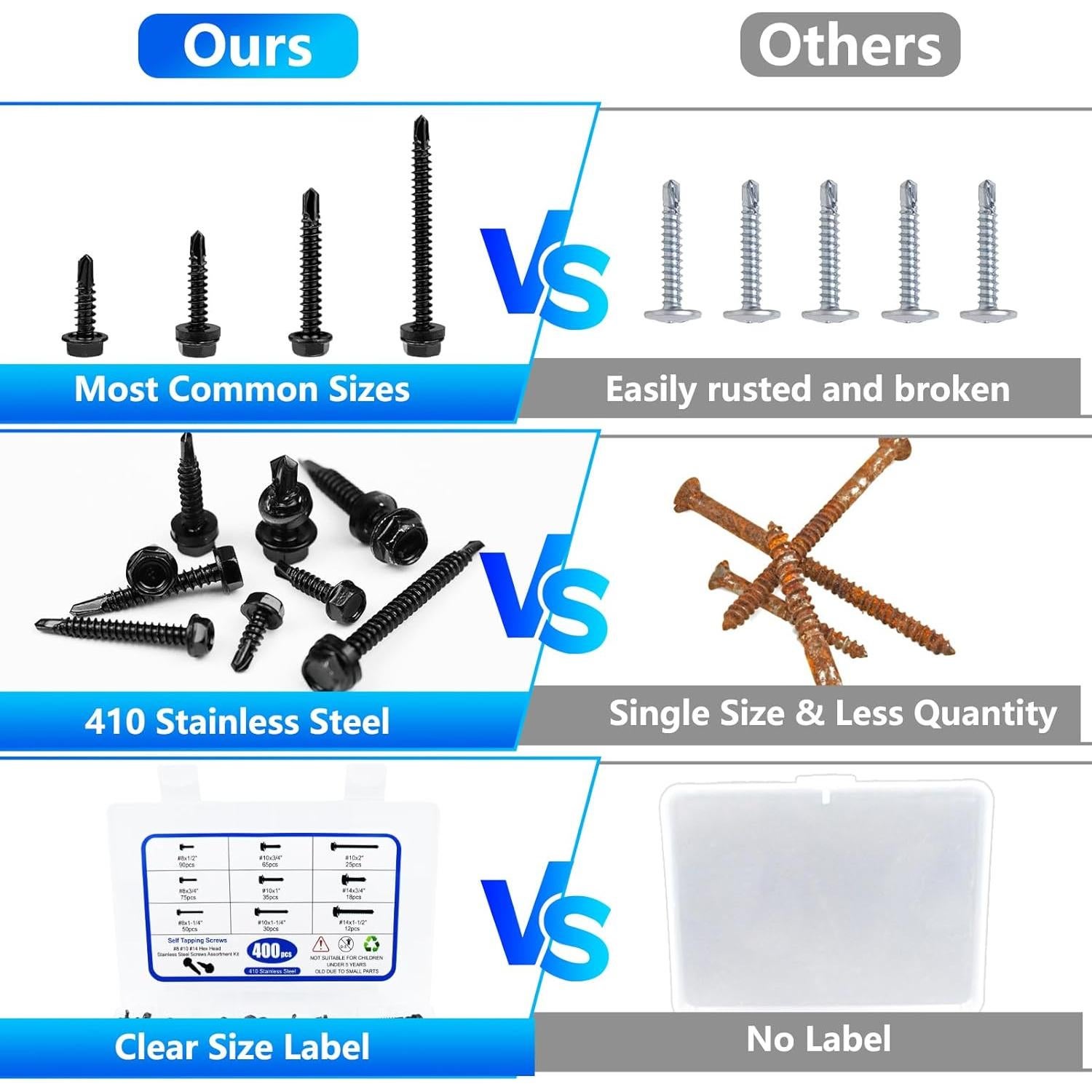 400 Tornillos Autoperforantes Negros Acero Inoxidable 410