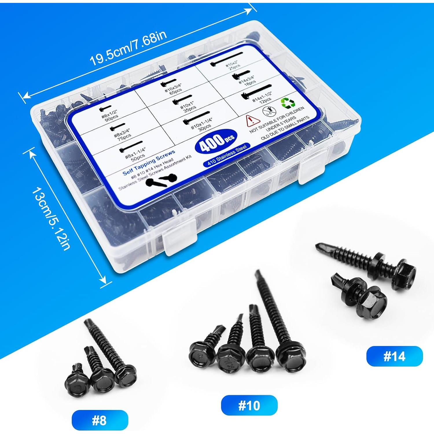 400 Tornillos Autoperforantes Negros Acero Inoxidable 410
