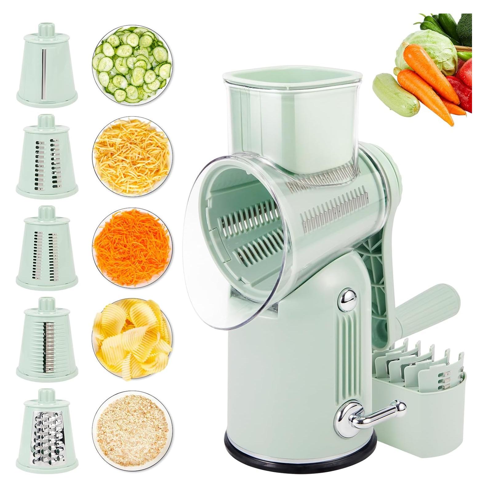 Rallador de Queso Rotatorio PDAENLKY 5 en 1 Verde con Succión