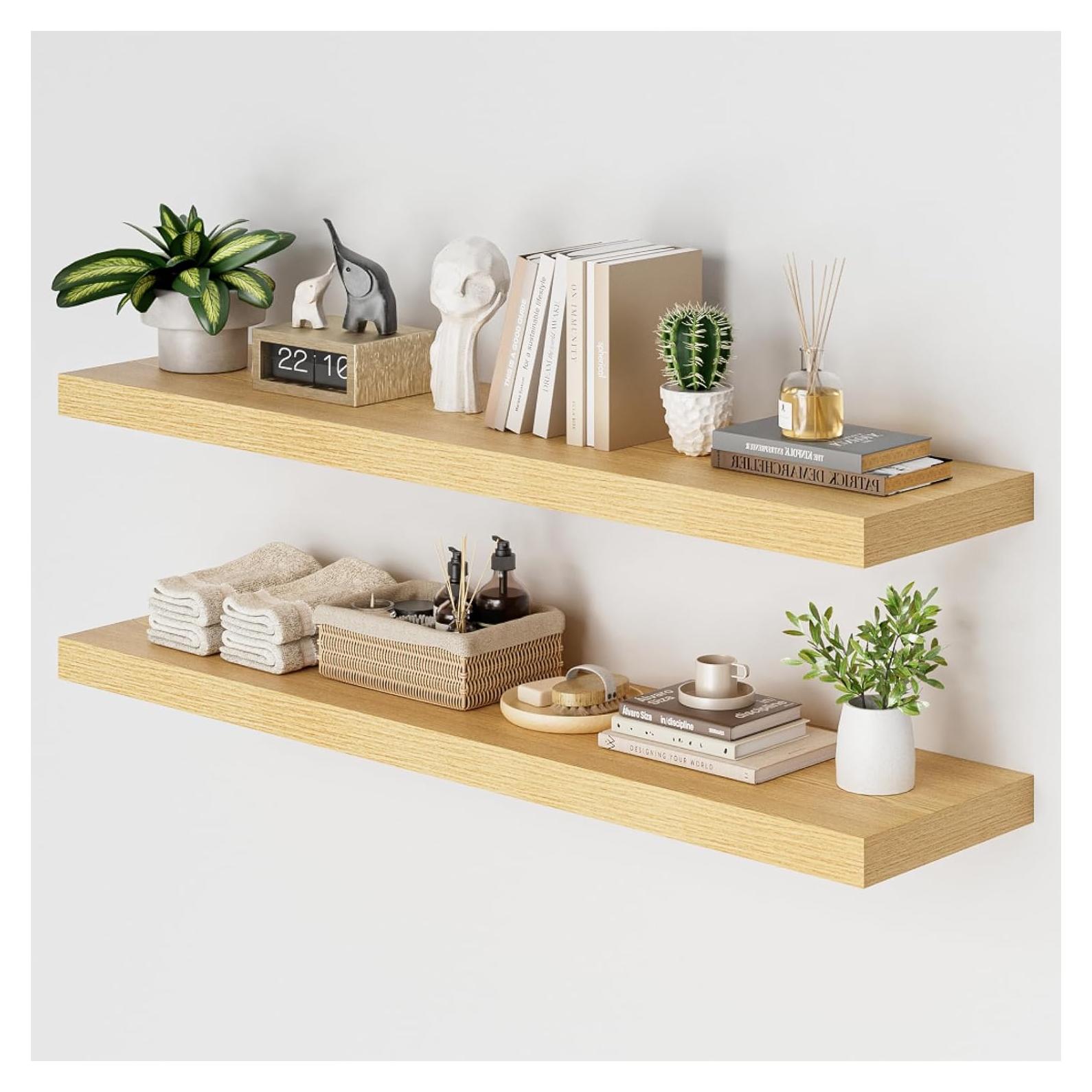 Estantes flotantes Heimlove de roble 120x30 cm, juego de 2