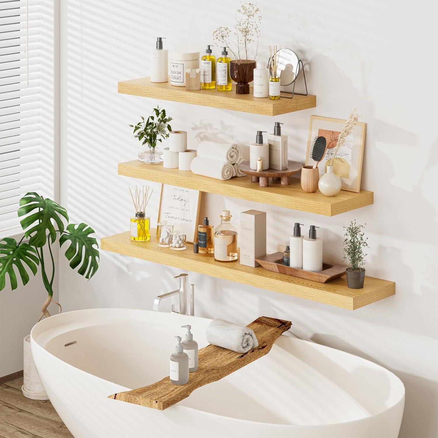 Estantes flotantes Heimlove de roble 120x30 cm, juego de 2