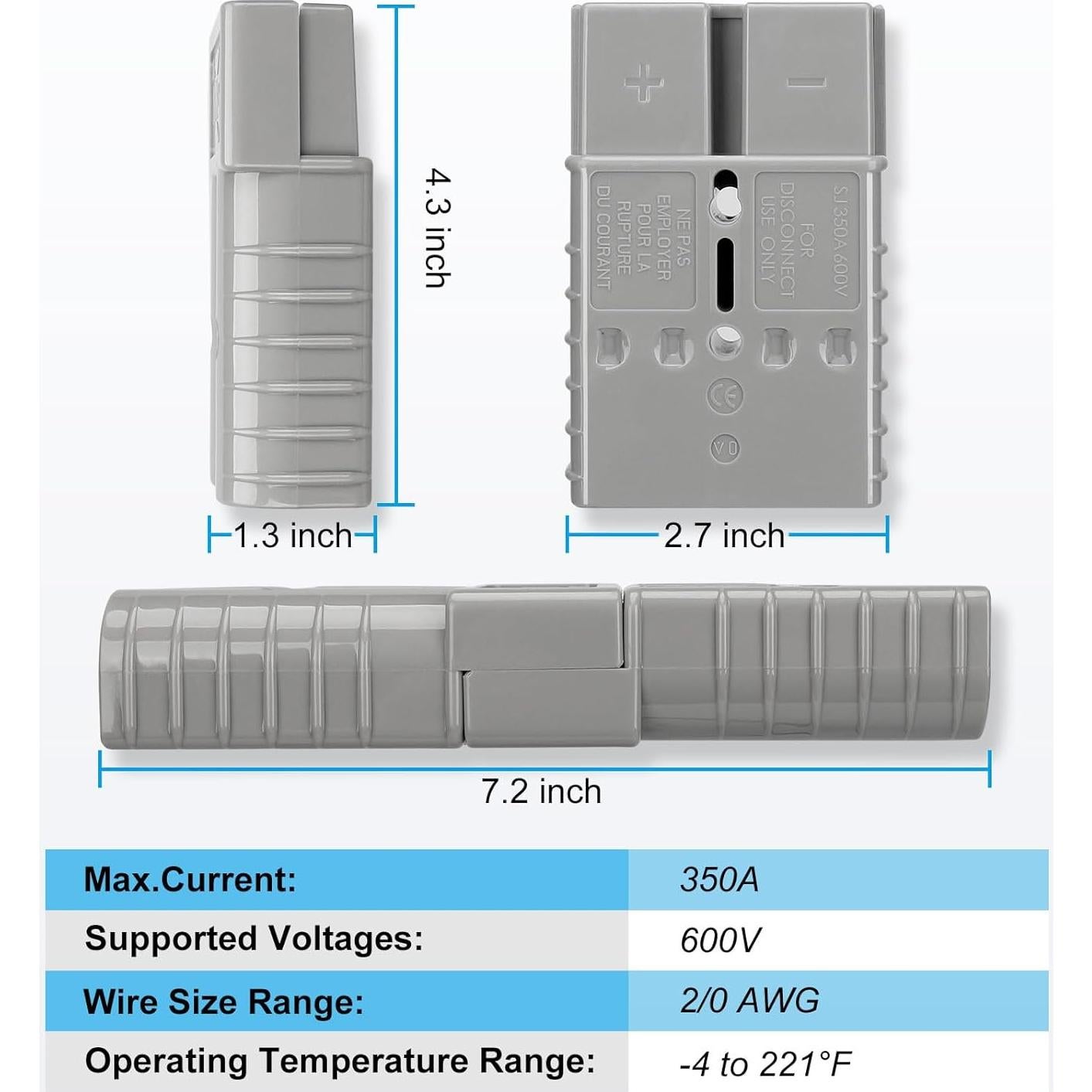 Conector de Batería Rápido ANKG 350A 600V 2/0 AWG Gris