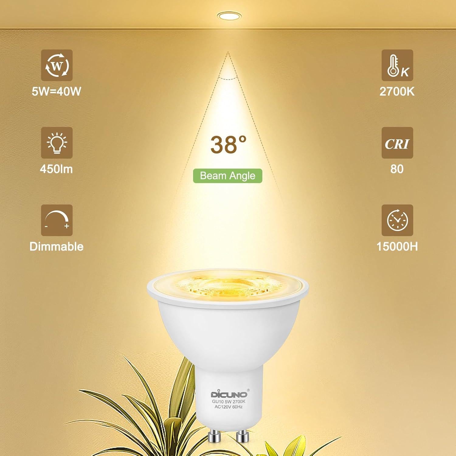 DiCUNO Bombilla LED GU10 Regulable 5W Blanco Cálido 2700K 450LM