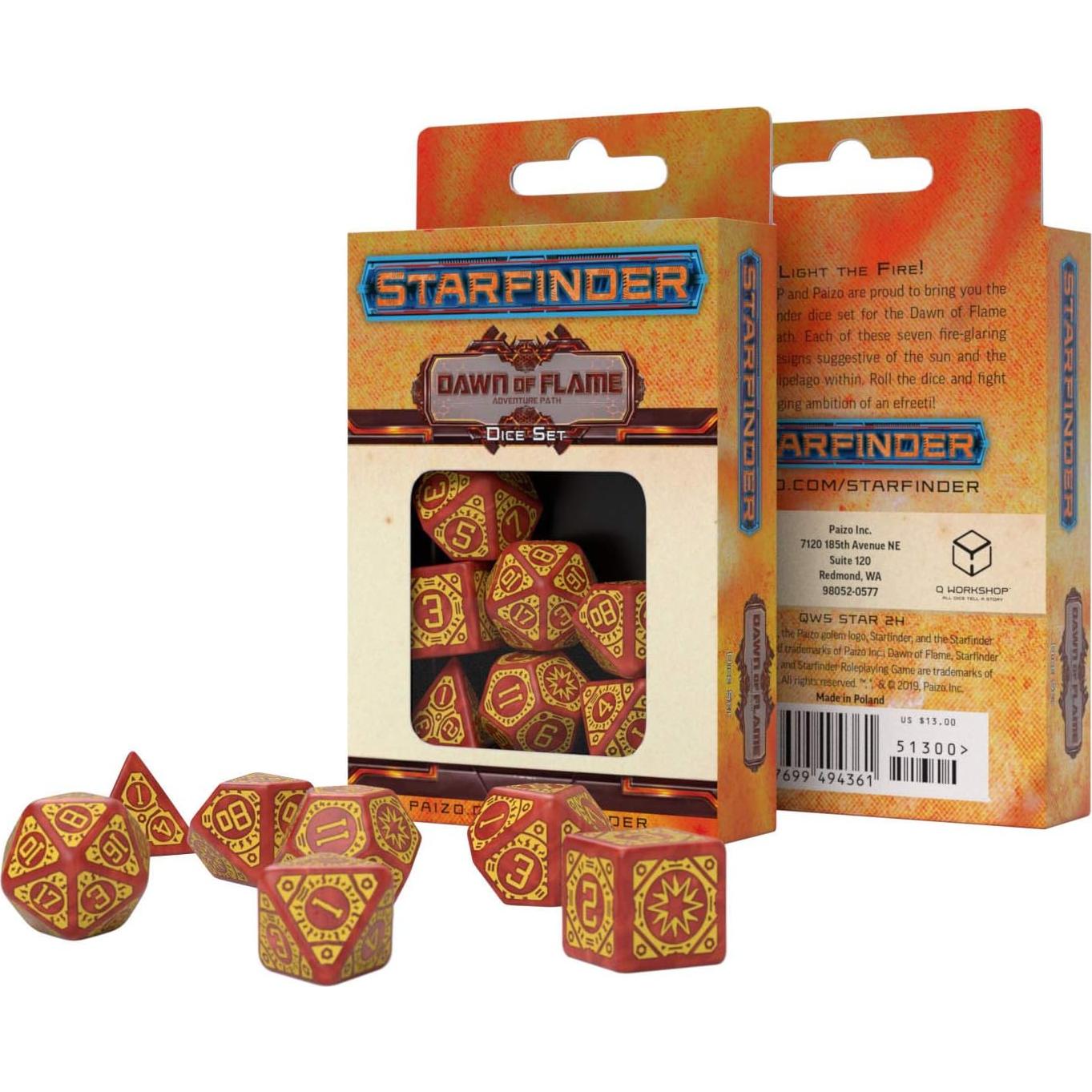 Q-Workshop Starfinder Dawn of Flame RPG Ornamented Dice Set 7 Polyhedral Pieces