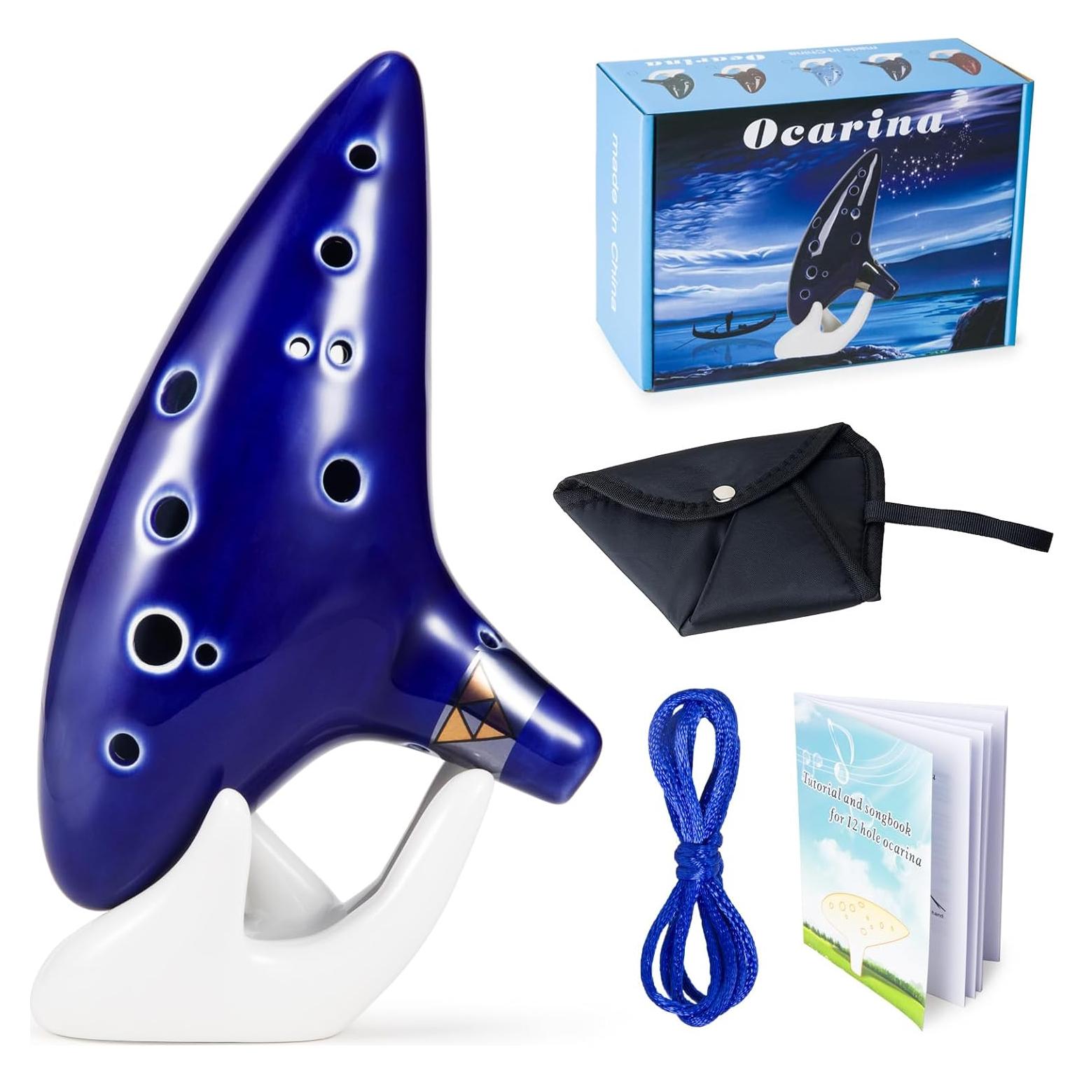 Ocarina de Cerámica 12 Agujeros Zelda Azul Marino con Soporte
