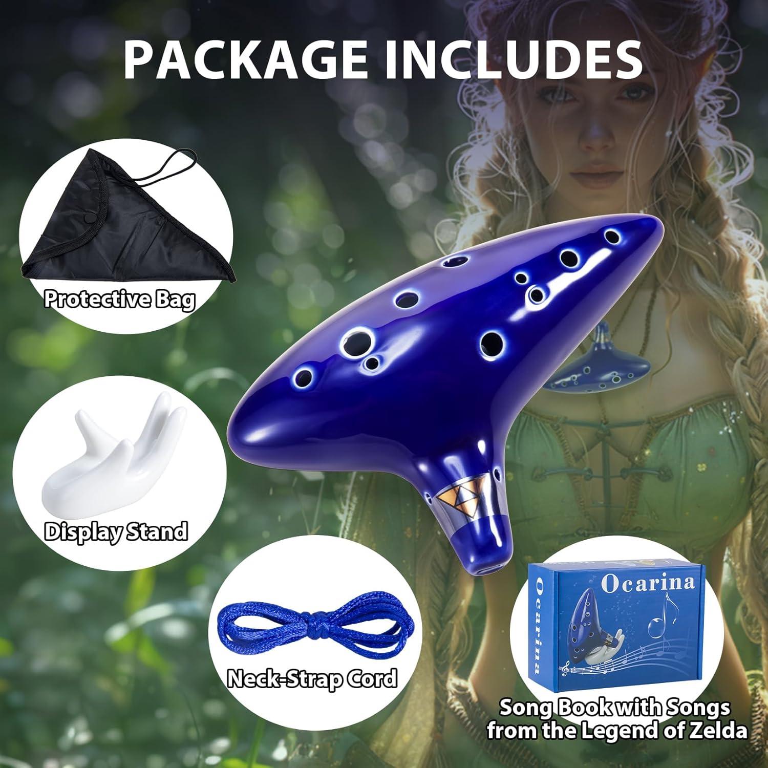 Ocarina de Cerámica 12 Agujeros Zelda Azul Marino con Soporte