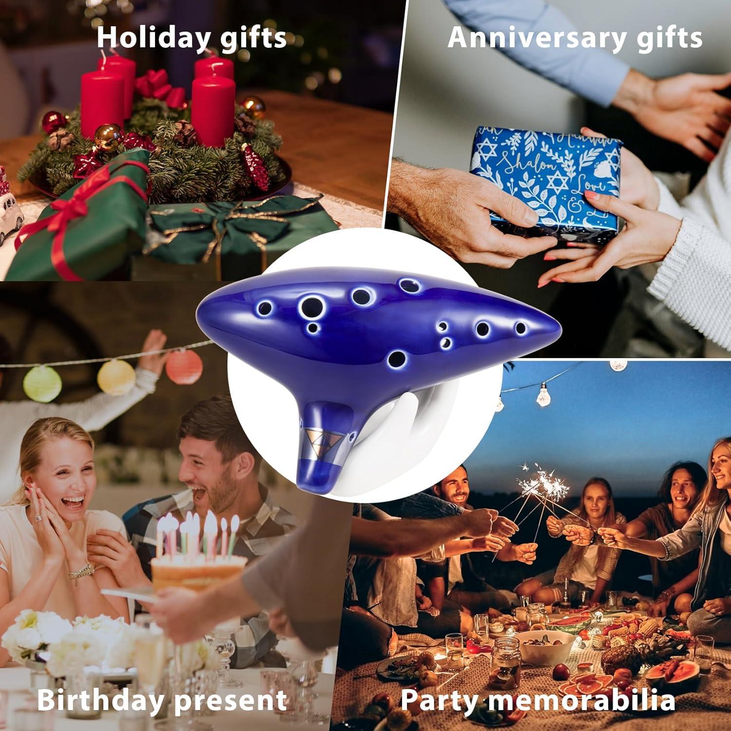 Ocarina de Cerámica 12 Agujeros Zelda Azul Marino con Soporte