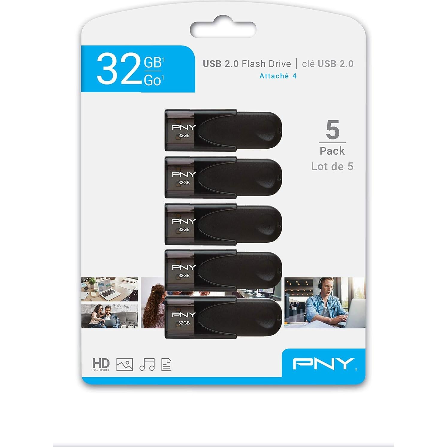 PNY 32GB Attaché 4 USB 2.0 Flash Drive Negro - Paquete de 5
