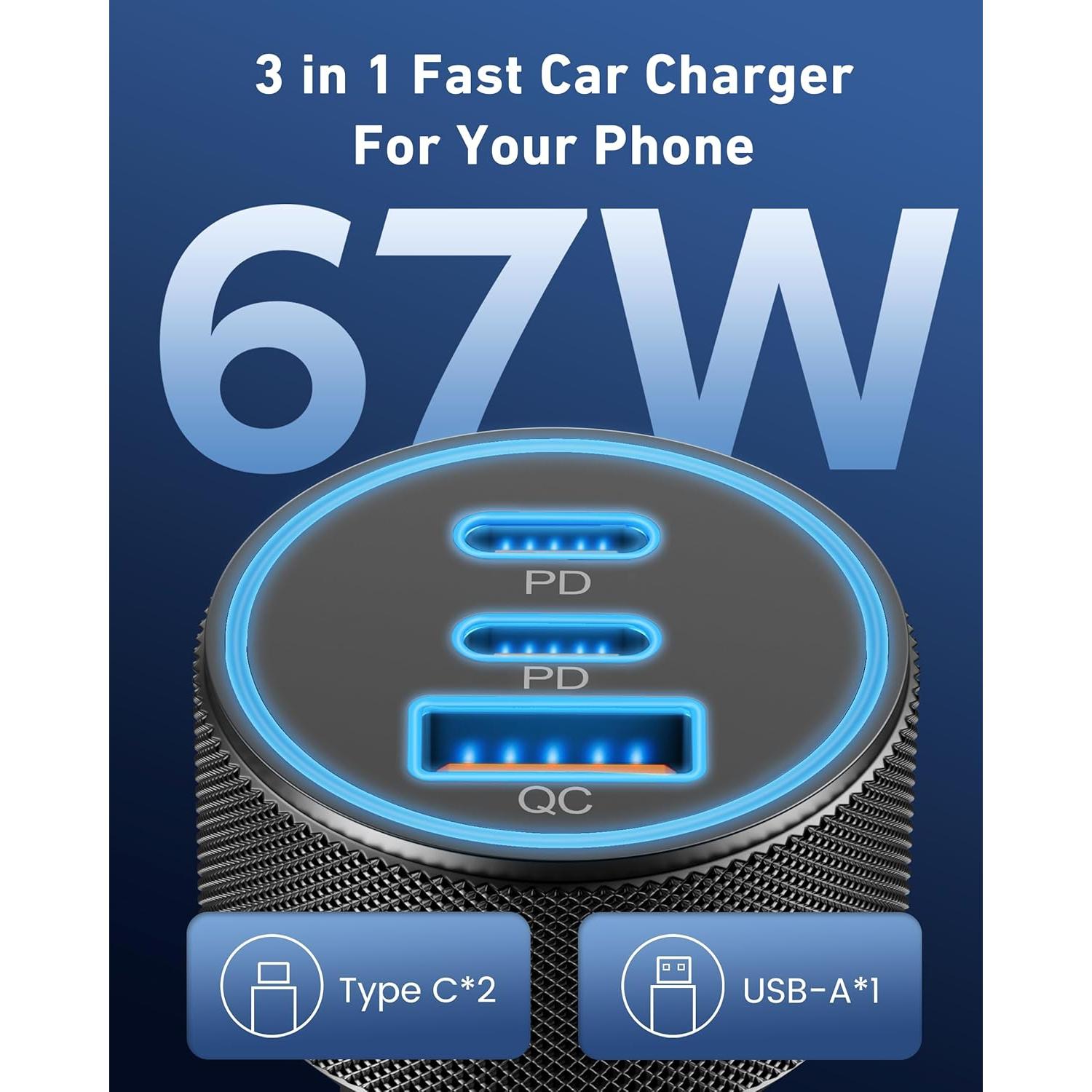 Cargador de coche 67W Heyuan Renzhi 3 puertos USB-C y USB-A