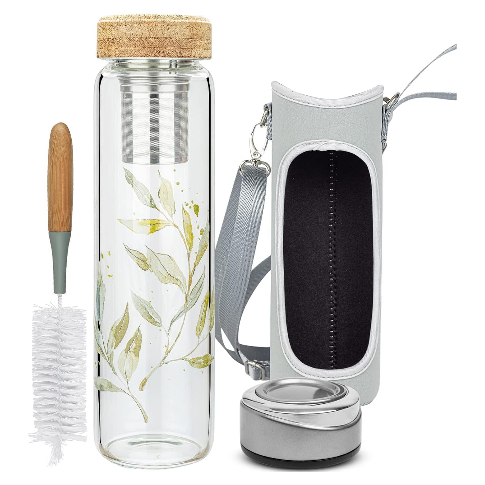 Botella de Agua de Vidrio Borosilicato Reeho 1L con Infusor y 2 Tapas