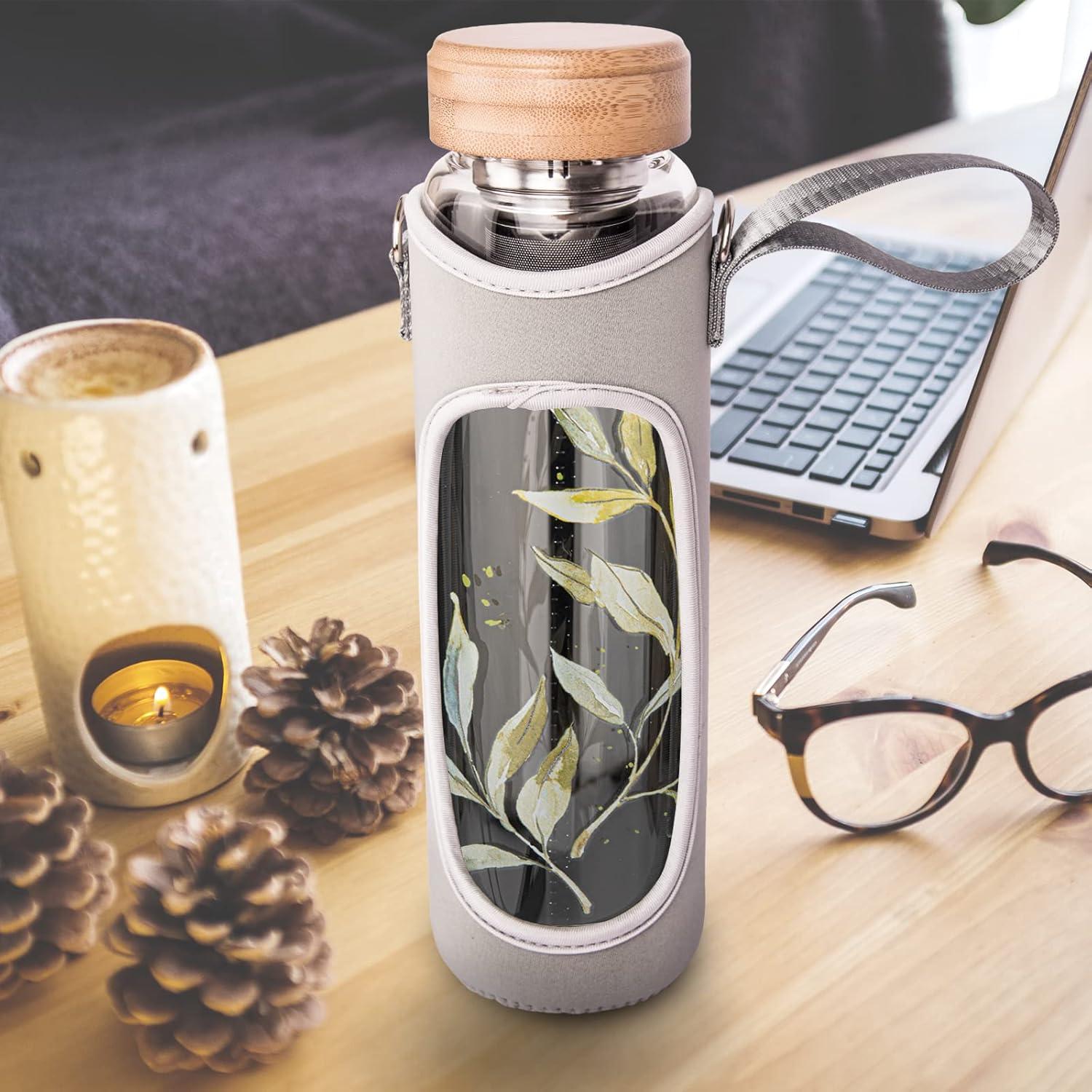 Botella de Agua de Vidrio Borosilicato Reeho 1L con Infusor y 2 Tapas