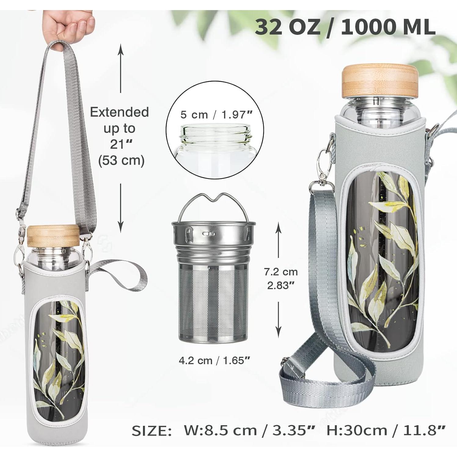 Botella de Agua de Vidrio Borosilicato Reeho 1L con Infusor y 2 Tapas