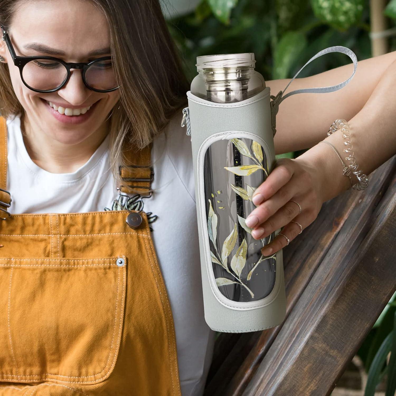 Botella de Agua de Vidrio Borosilicato Reeho 1L con Infusor y 2 Tapas