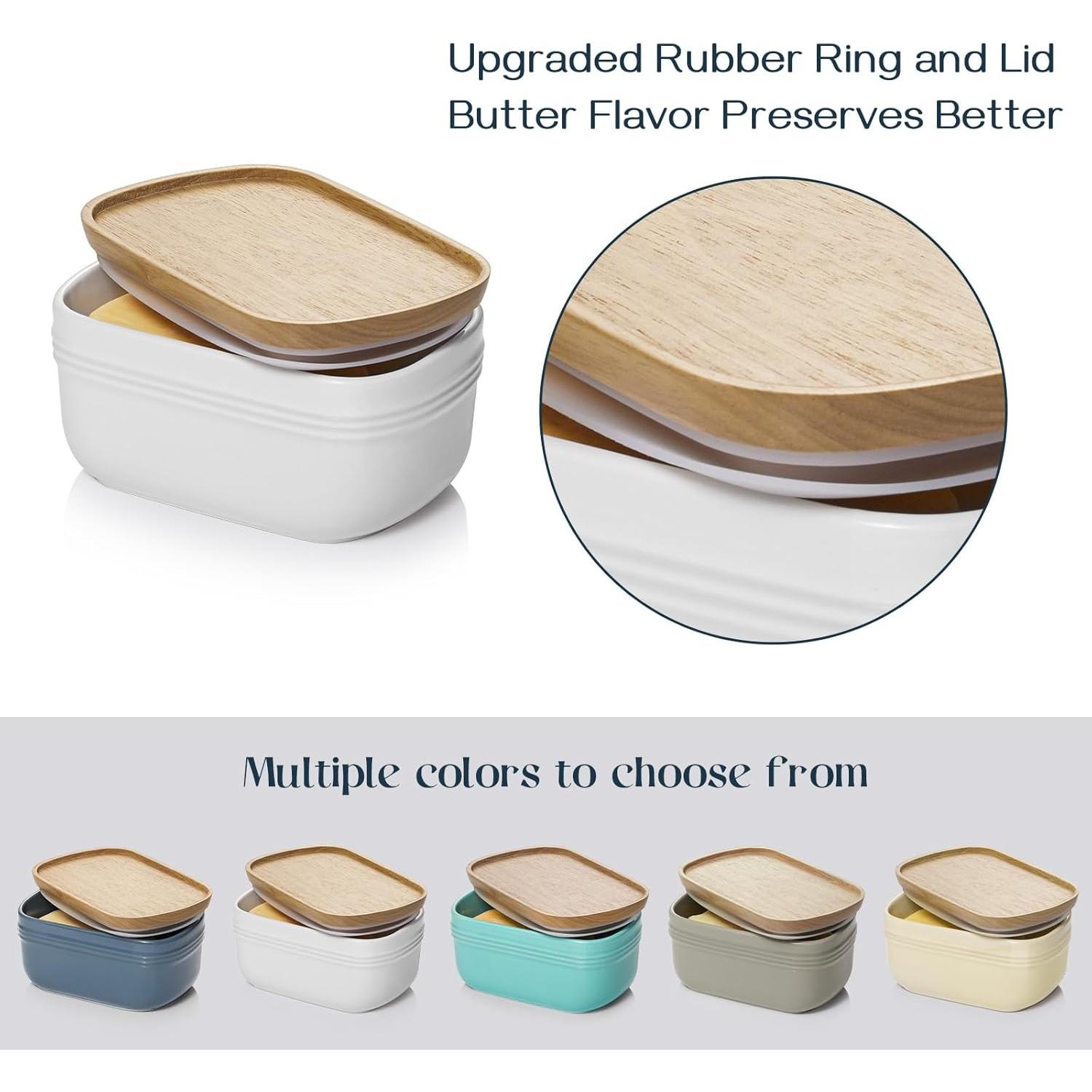 Plato de Mantequilla DOWAN Cerámica Blanco con Tapa de Madera