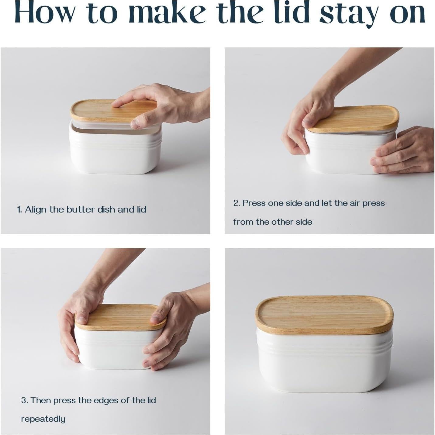 Plato de Mantequilla DOWAN Cerámica Blanco con Tapa de Madera