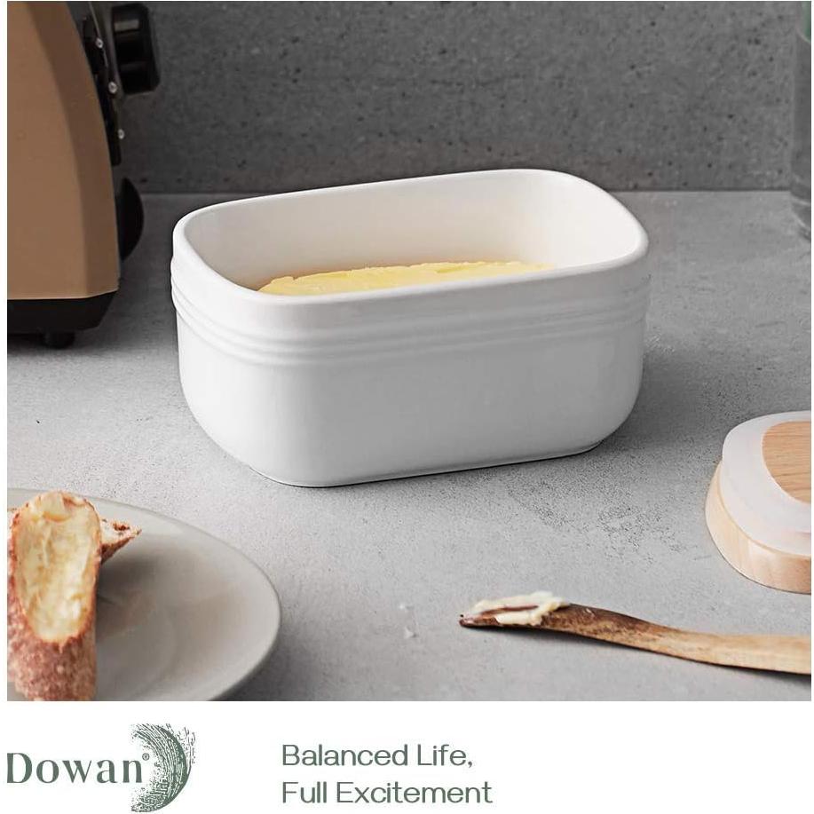 Plato de Mantequilla DOWAN Cerámica Blanco con Tapa de Madera