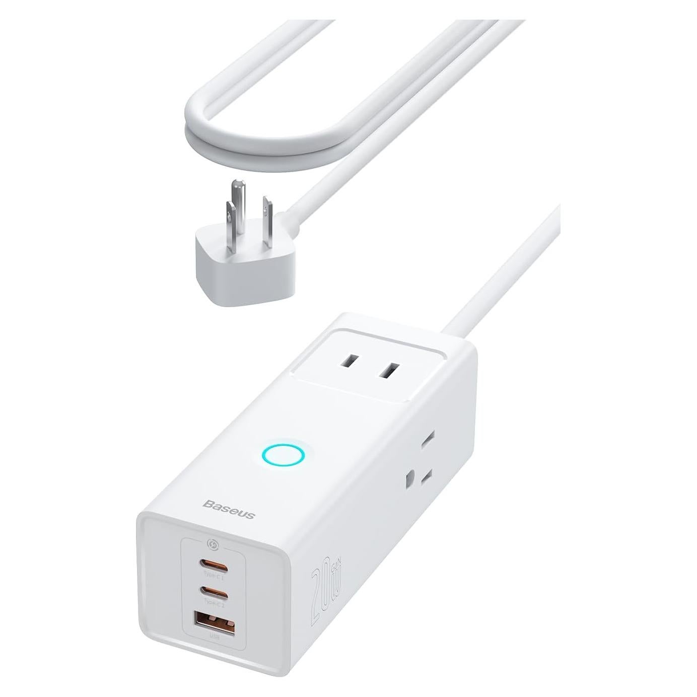 Regleta Baseus 20W con 3 Salidas AC y 3 USB C - Protección 1200J