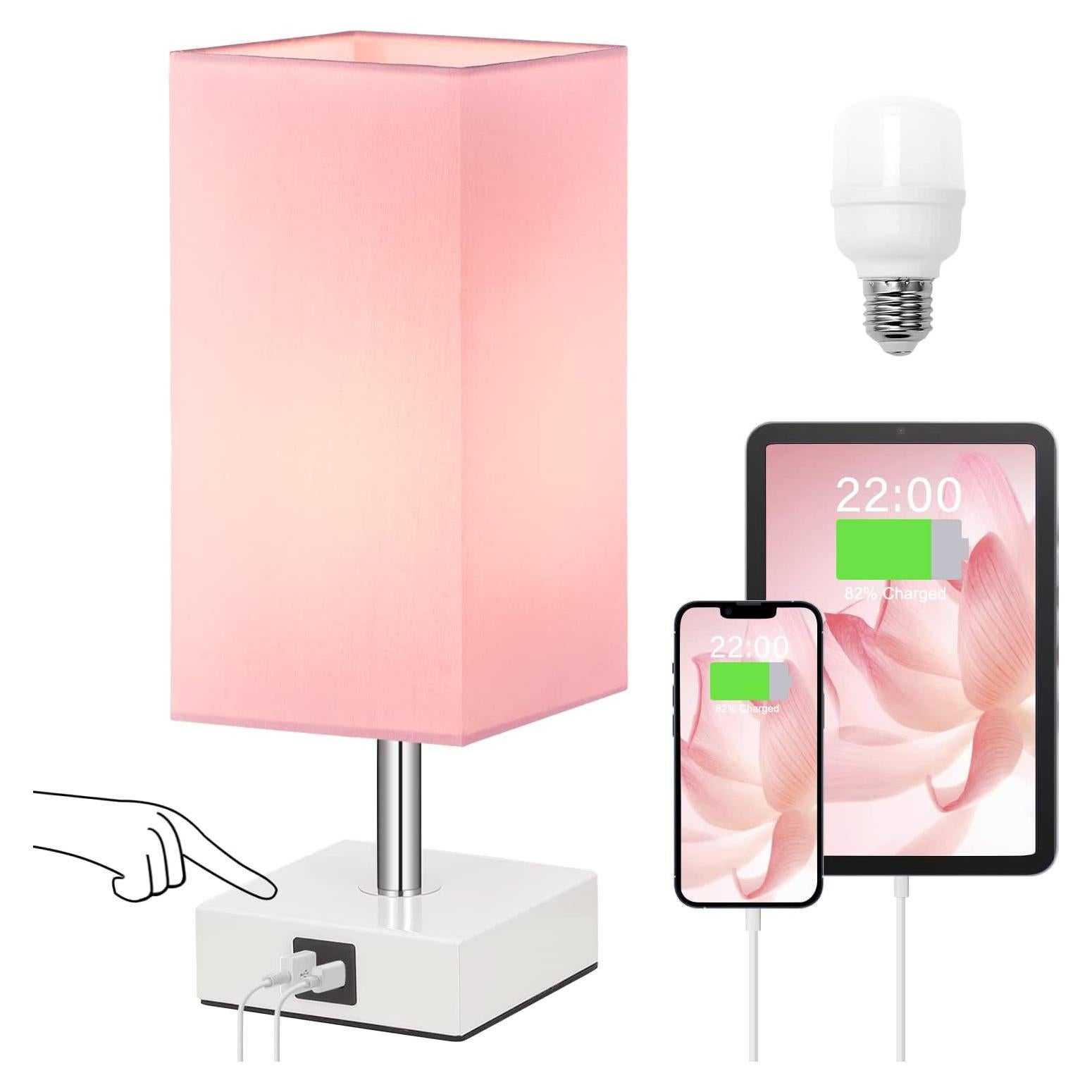 Lámpara de Mesa Táctil Ambimall Rosa con 2 Puertos USB