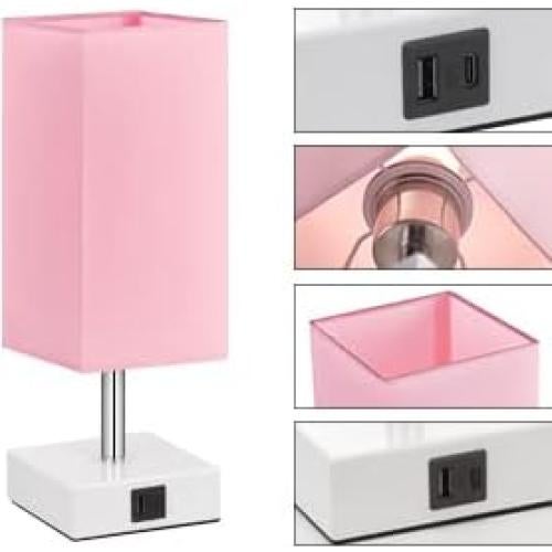 Lámpara de Mesa Táctil Ambimall Rosa con 2 Puertos USB