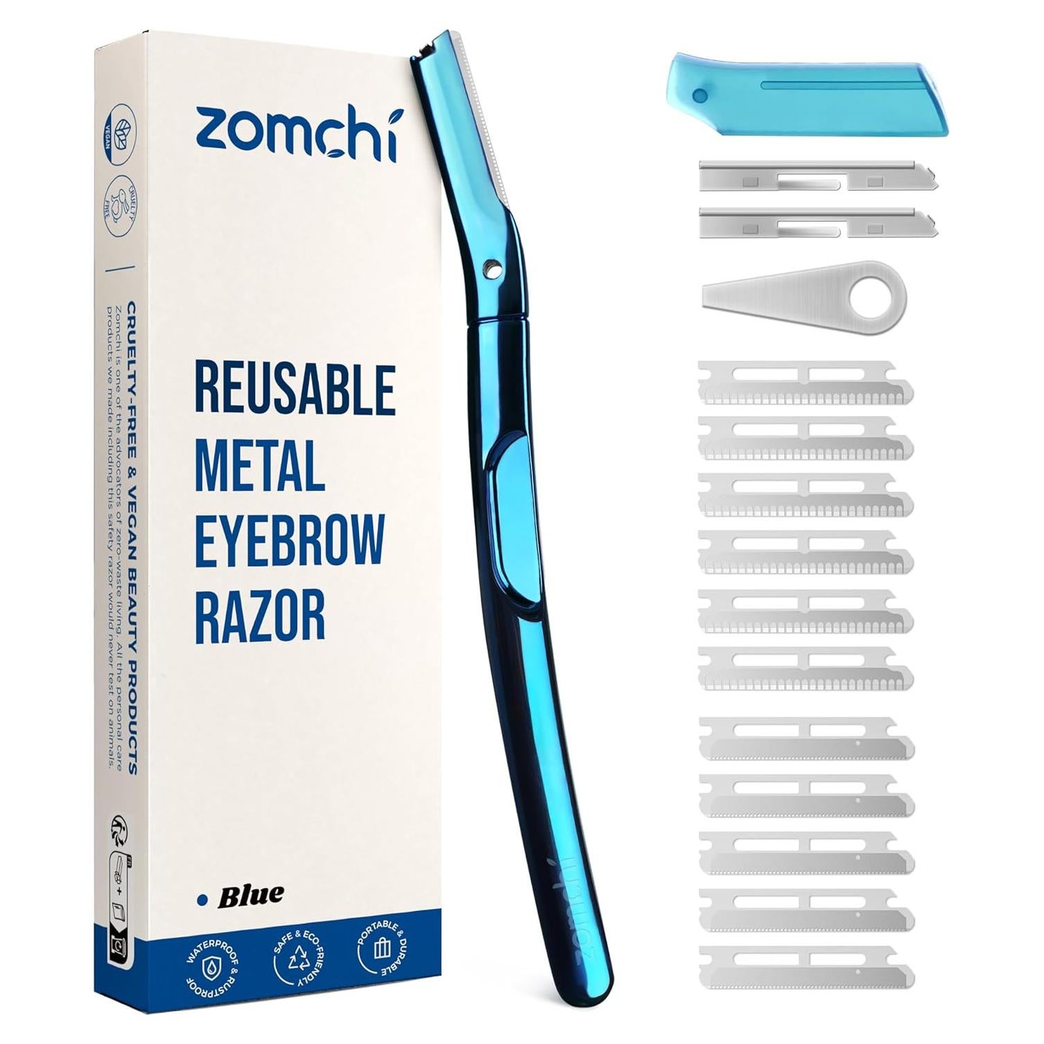 Rasuradora de Cejas ZOMCHI Azul con 11 Cuchillas y Tapa Silicona
