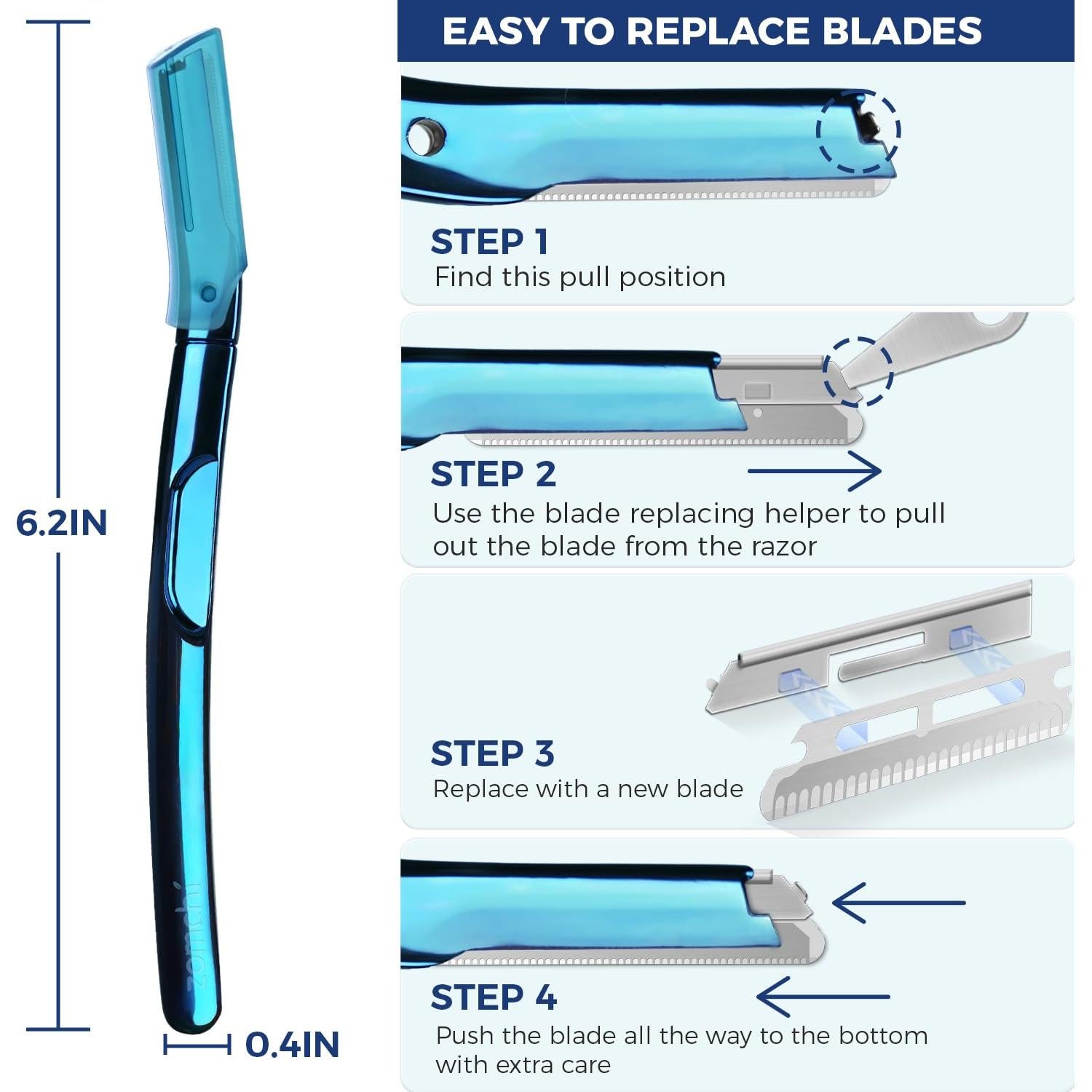 Rasuradora de Cejas ZOMCHI Azul con 11 Cuchillas y Tapa Silicona