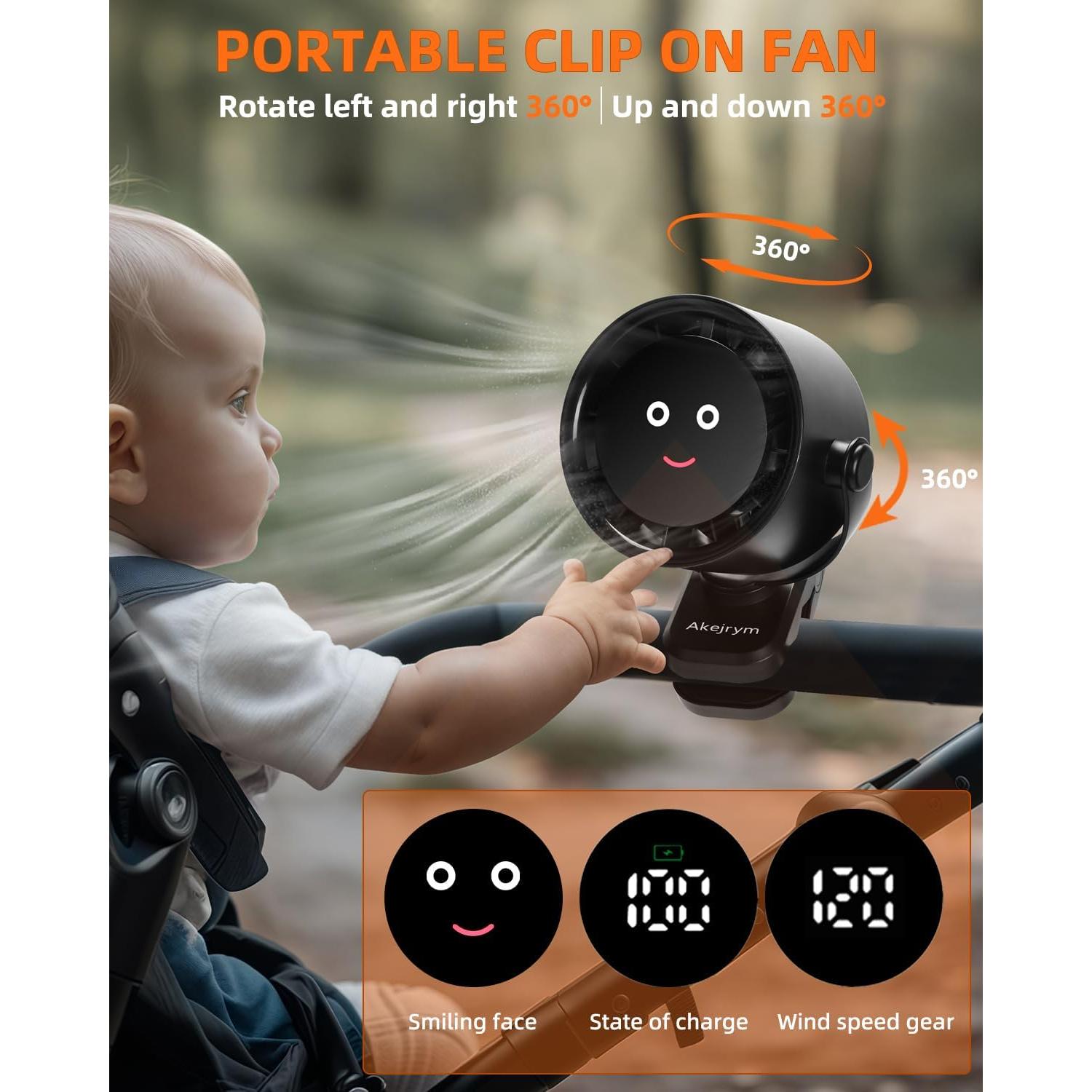 Ventilador de Clip Akejrym Portátil 5 Velocidades 360° Negro
