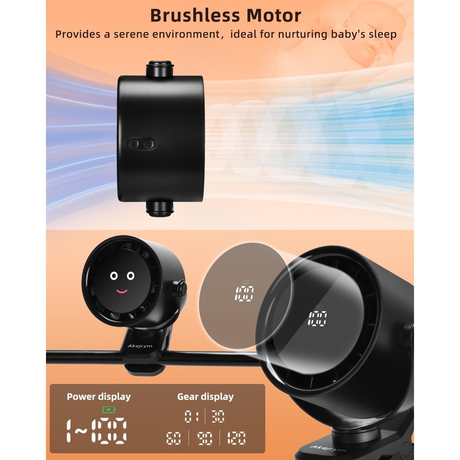 Ventilador de Clip Akejrym Portátil 5 Velocidades 360° Negro