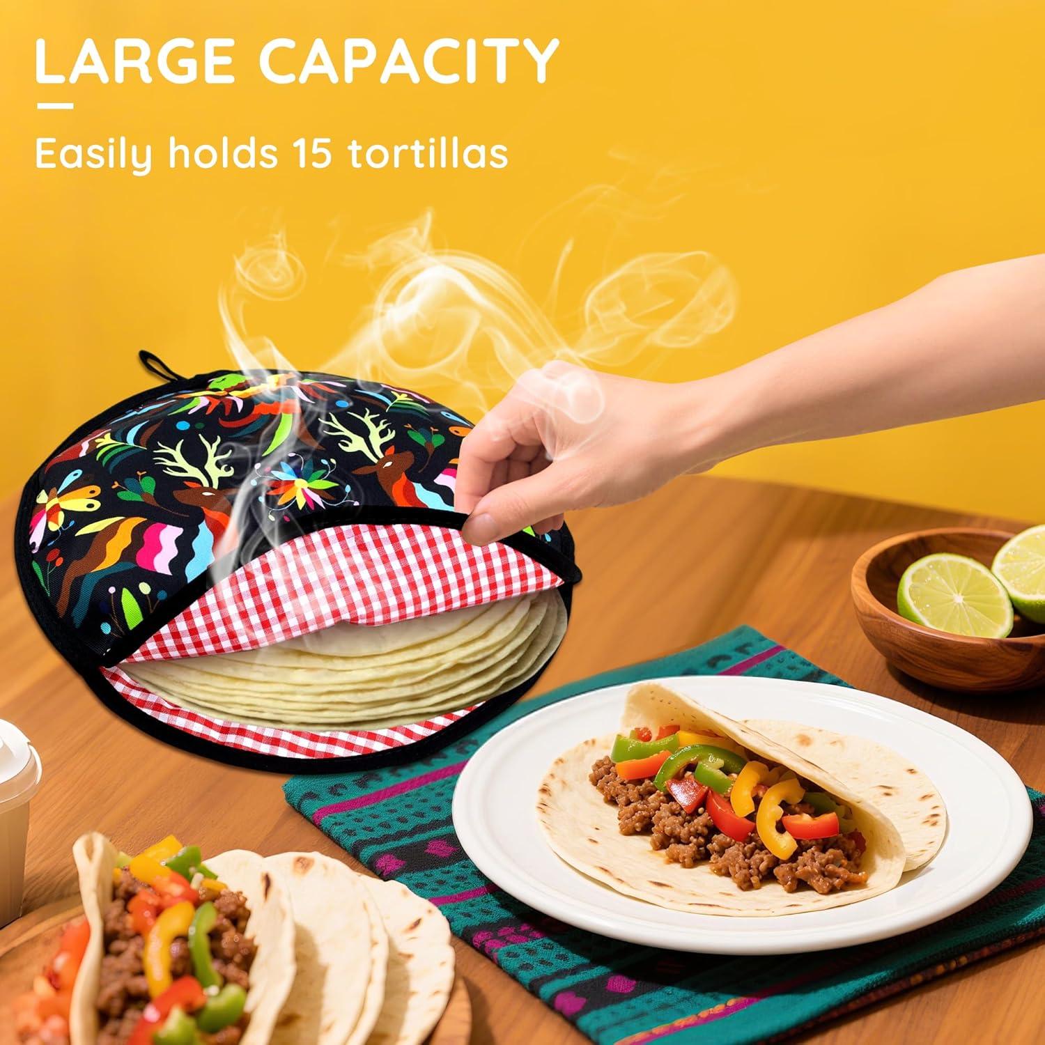 ZKOO 12" Tortilla Warmer Pouch, Insulated Tortillas Pouch for Tortillas, Tacos, Naan, Pizza Rolls, Microwavable Fabric Bag, Tortilla Warmer Keeps Food Warm for Up to 1 Hour (Black)